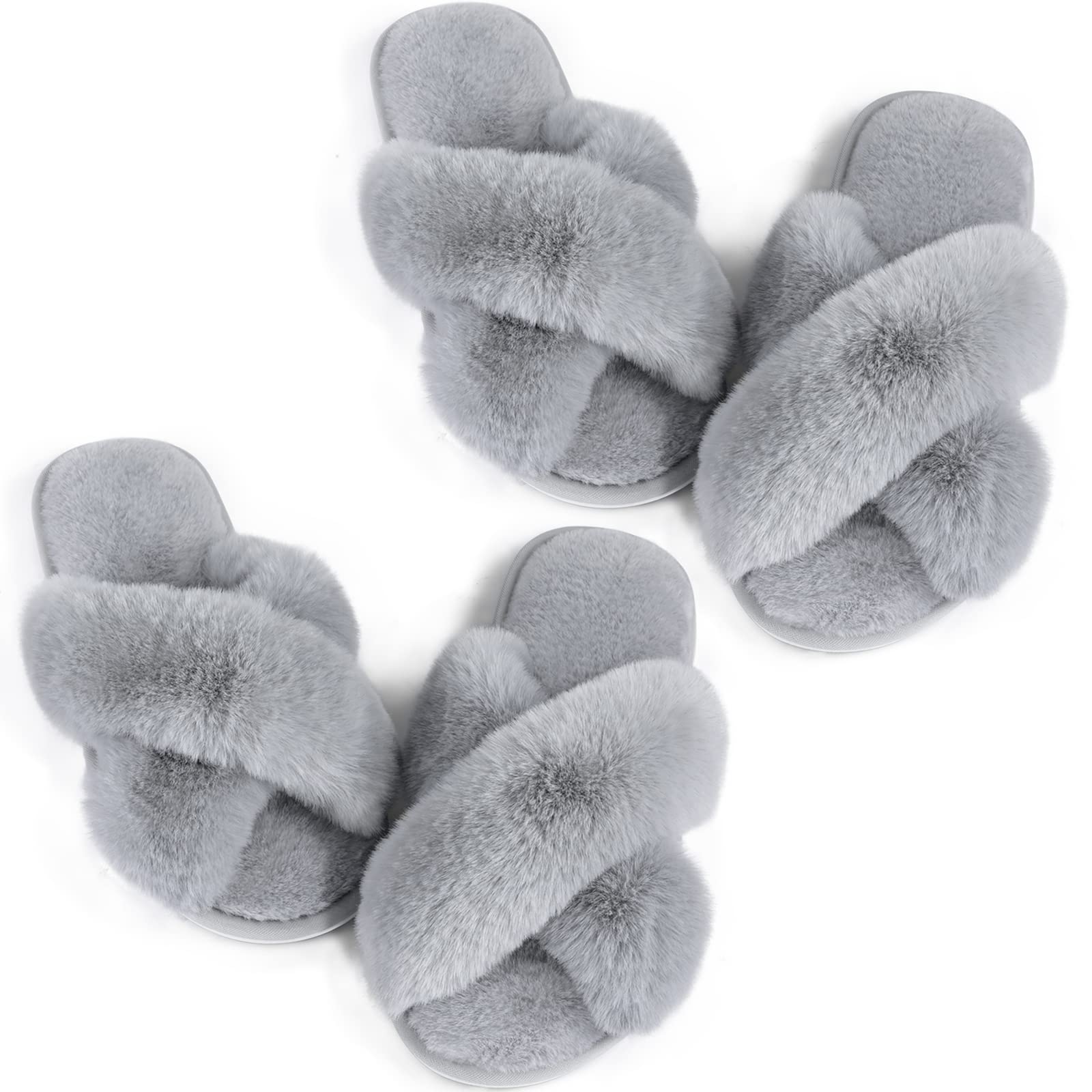 Ankis Women's Plush Slippers with Cross Band, Warm Slippers, 2 Pairs of Memory Foam and Open Toe, Fluffy Slippers for Indoor and Outdoor Use (White, Black, Grey, Pink, Camel)