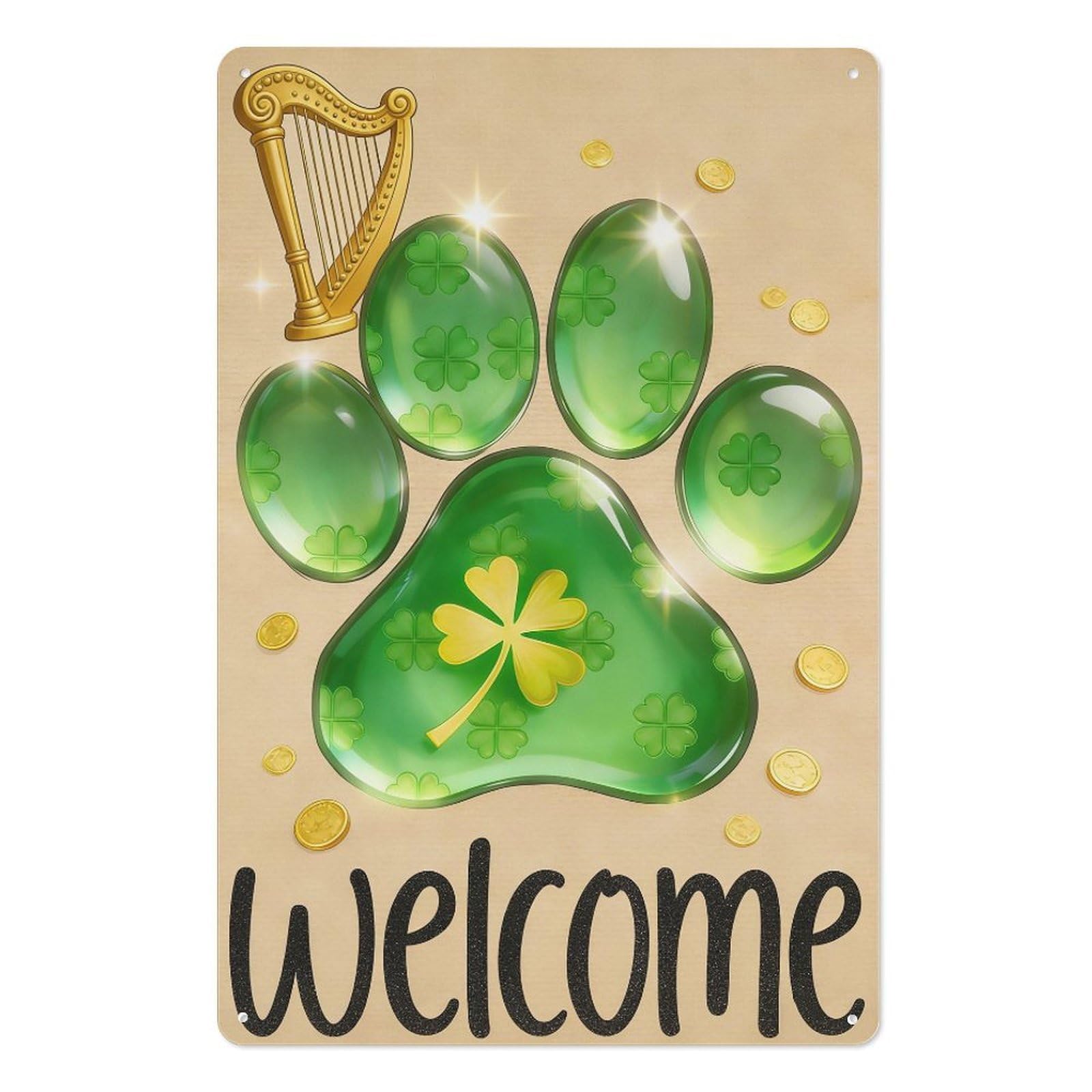 peiyeety 8x12 Inch St. Patrick's Day Metal Tin Sign – Welcome Lucky Paw Print with Golden Four-Leaf Clover, Coins & Harp, Vintage Wall Art for Home, Pub, or Bar
