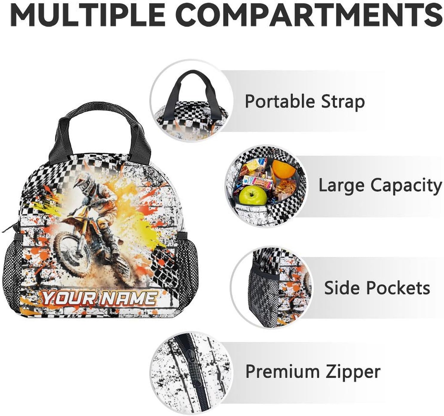 Personalized Kids Backpack with Lunch Box, 3PCS Motorcycle School Backpacks Matching Combo for Boys, Cool Yellow Bookbag and Pencil Pouch Bundle