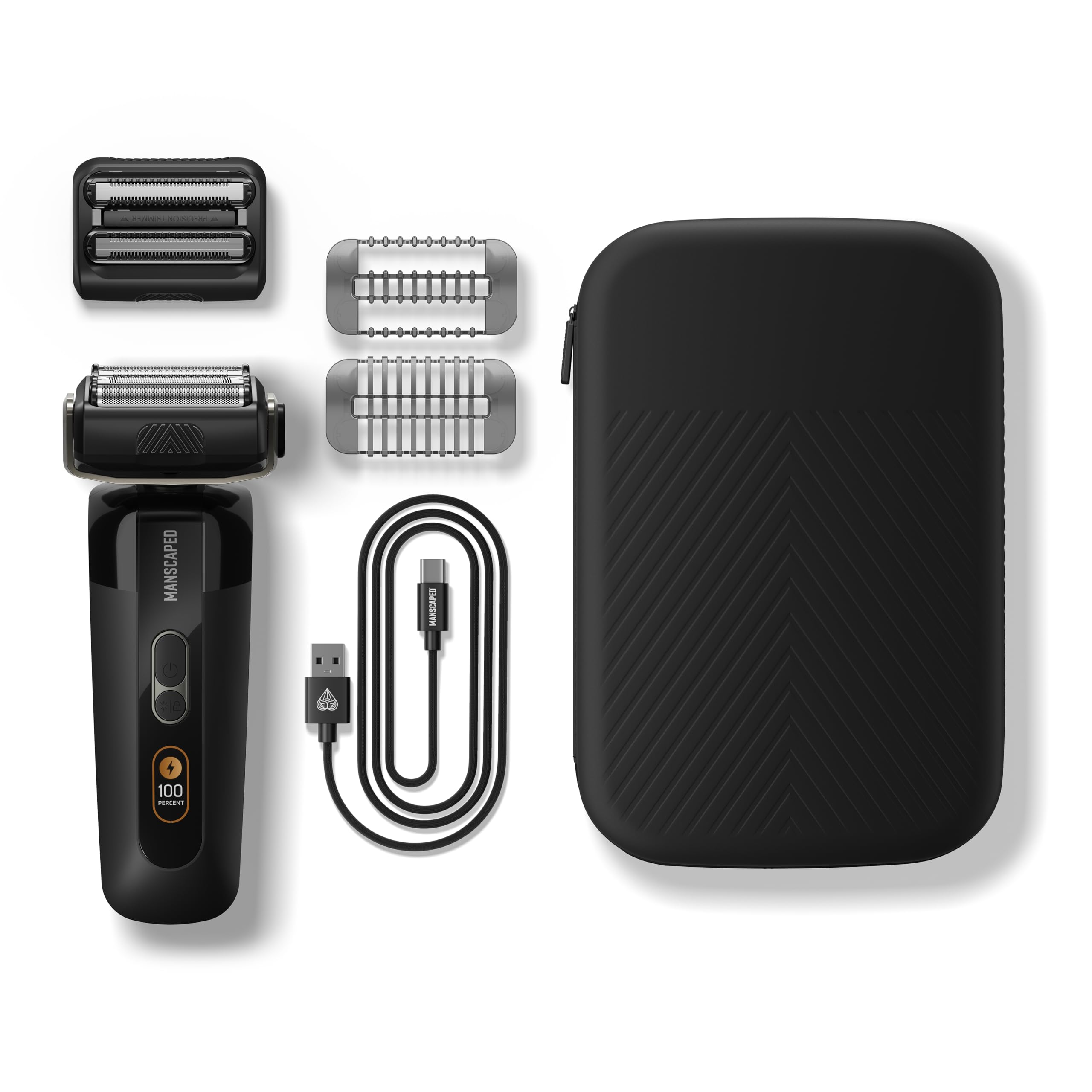 Afeitadora de hoja The Chairman™ PRO de MANSCAPED® - Dos cabezales intercambiables, Cabezal con 4 cuchillas de hoja SkinSafe® y cabezal de recortado, Carga USB-C o inalámbrica, Bloqueo de seguridad