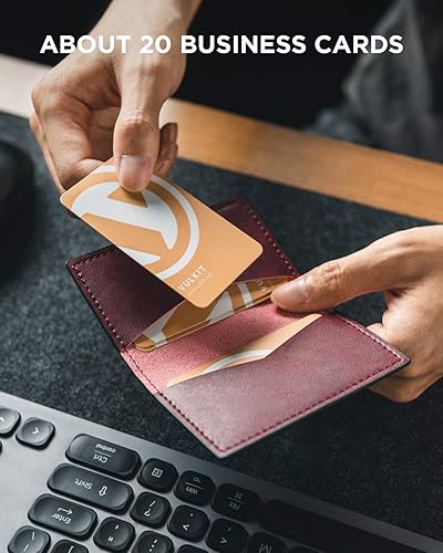 Miniatura 4 de VULKIT Tarjetero de cuero de 2 caras delgado organizador de tarjetas de presentación para hombres o mujeres, Vino, Vintage