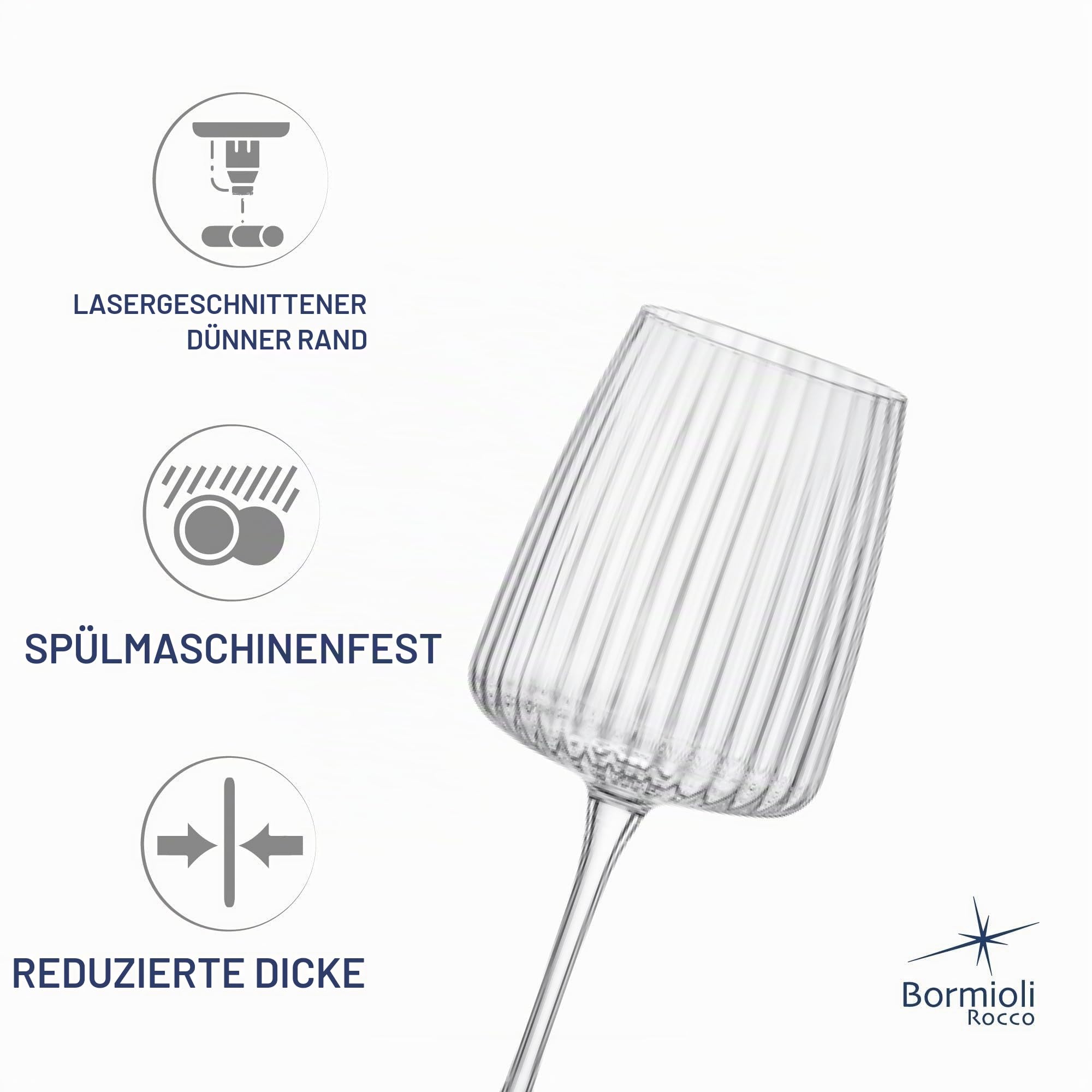 Bormioli Rocco Exclusiva Merlot Gläser, 4er-Set - 510 ml gerippte lange Stiel-Sternglaskelche mit XLT verstärkten Stielen - italienisches Rotwein-Trinkgeschirr - spülmaschinenfeste Kristallgläser