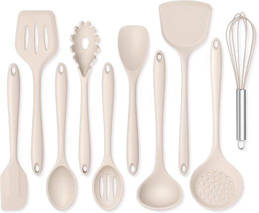 Silicone Cooking Utensils Set of 10 Kitchen Utensils for Nonstick Cookware Heat Resistant & Nontoxic Spatula Set- Khaki