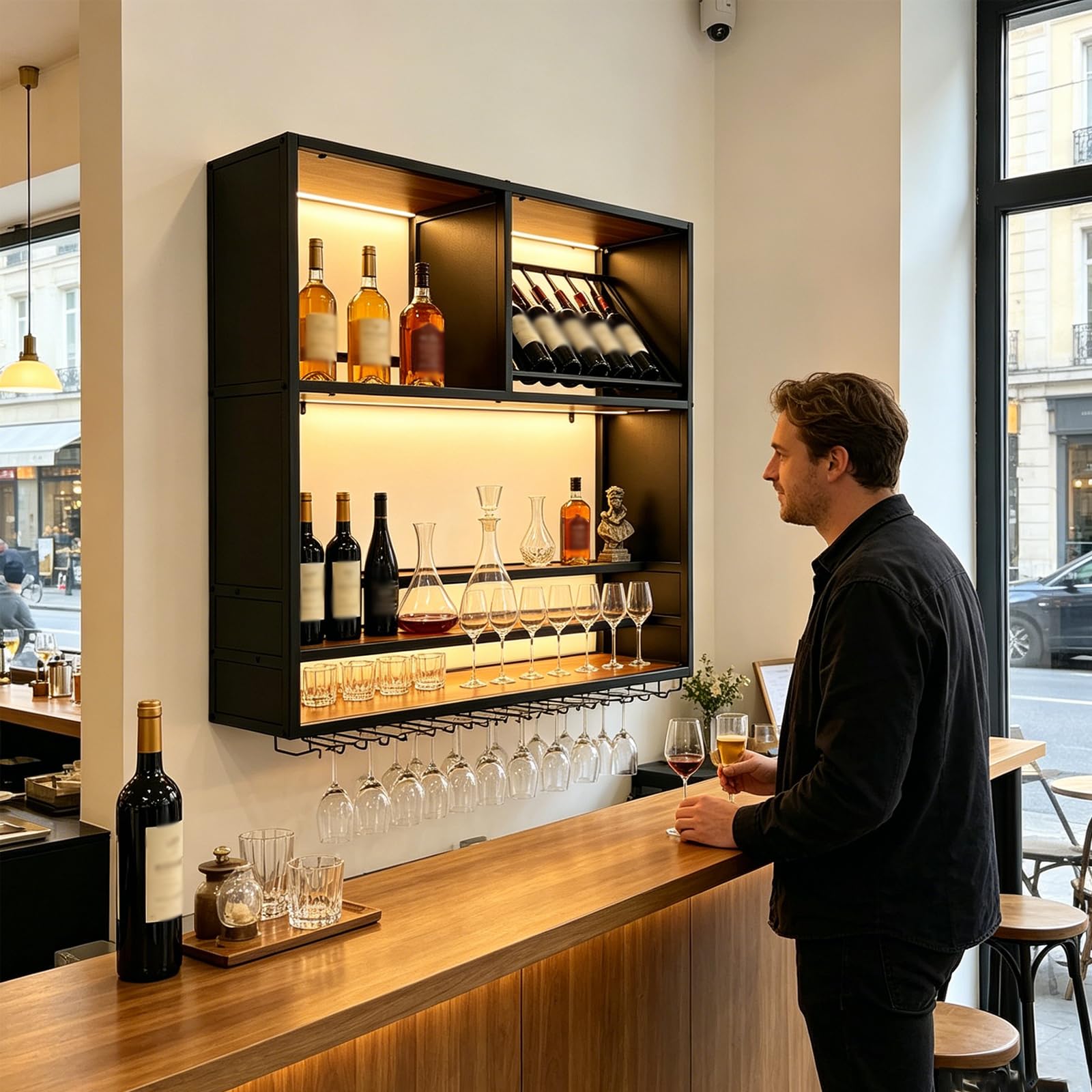 Portabottiglie da Vino a Parete con LED, Industriale 4 Livelli Scaffale Vino in Metallo e Legno con Portabicchieri, Grande Espositore Multifunzione Scaffale Portavino per Bar Ristorante (black, 100cm)