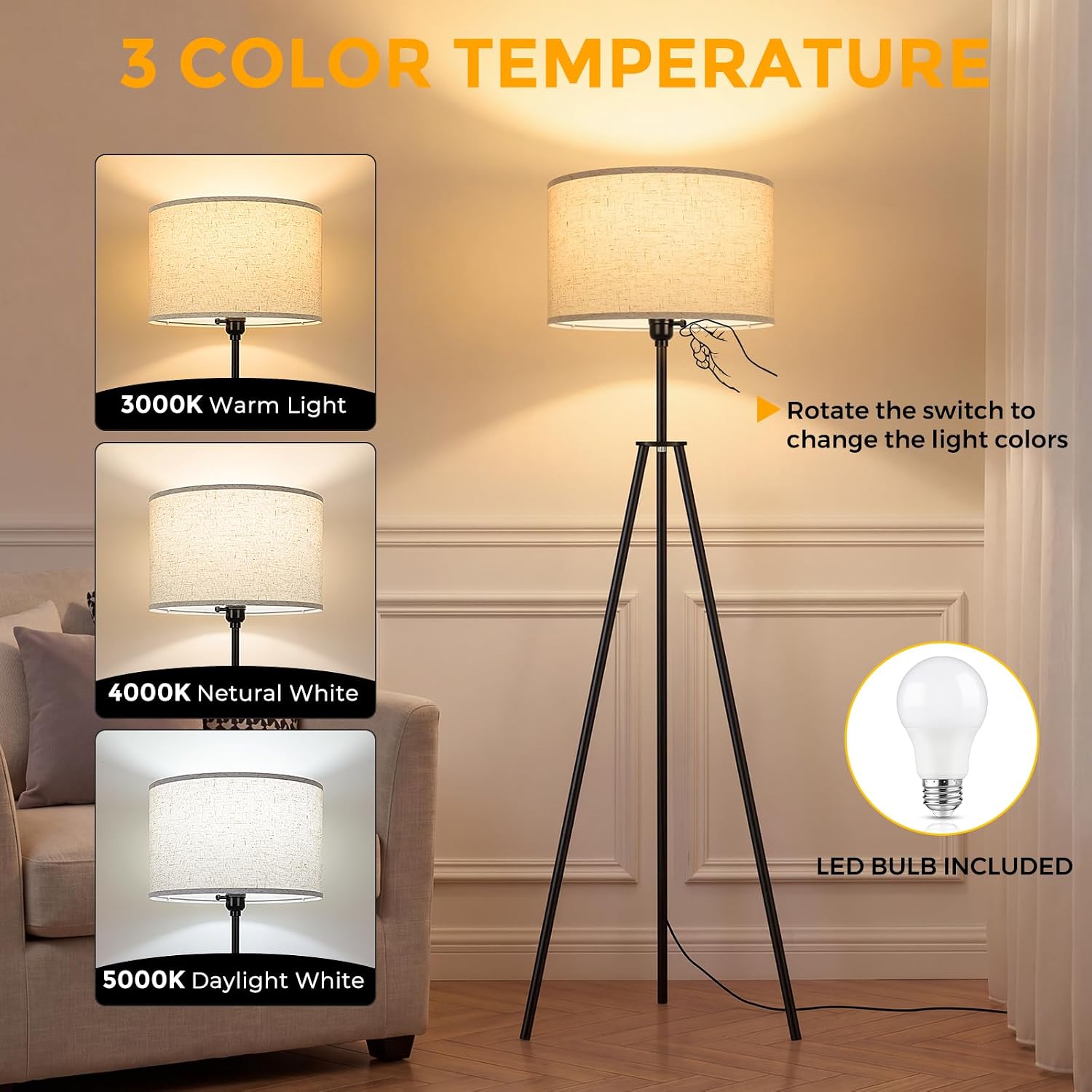 Tripod Floor Lamp with 3-CCT Bulb, Mid Century Tall Standing Lamp for Home | Metal Tripod Stand, Fabric Shade, Rotary Switch, 3CCT Bulb Included, Plug-in Wired Tall Floor Light for Living Room & Bedroom thumbnail