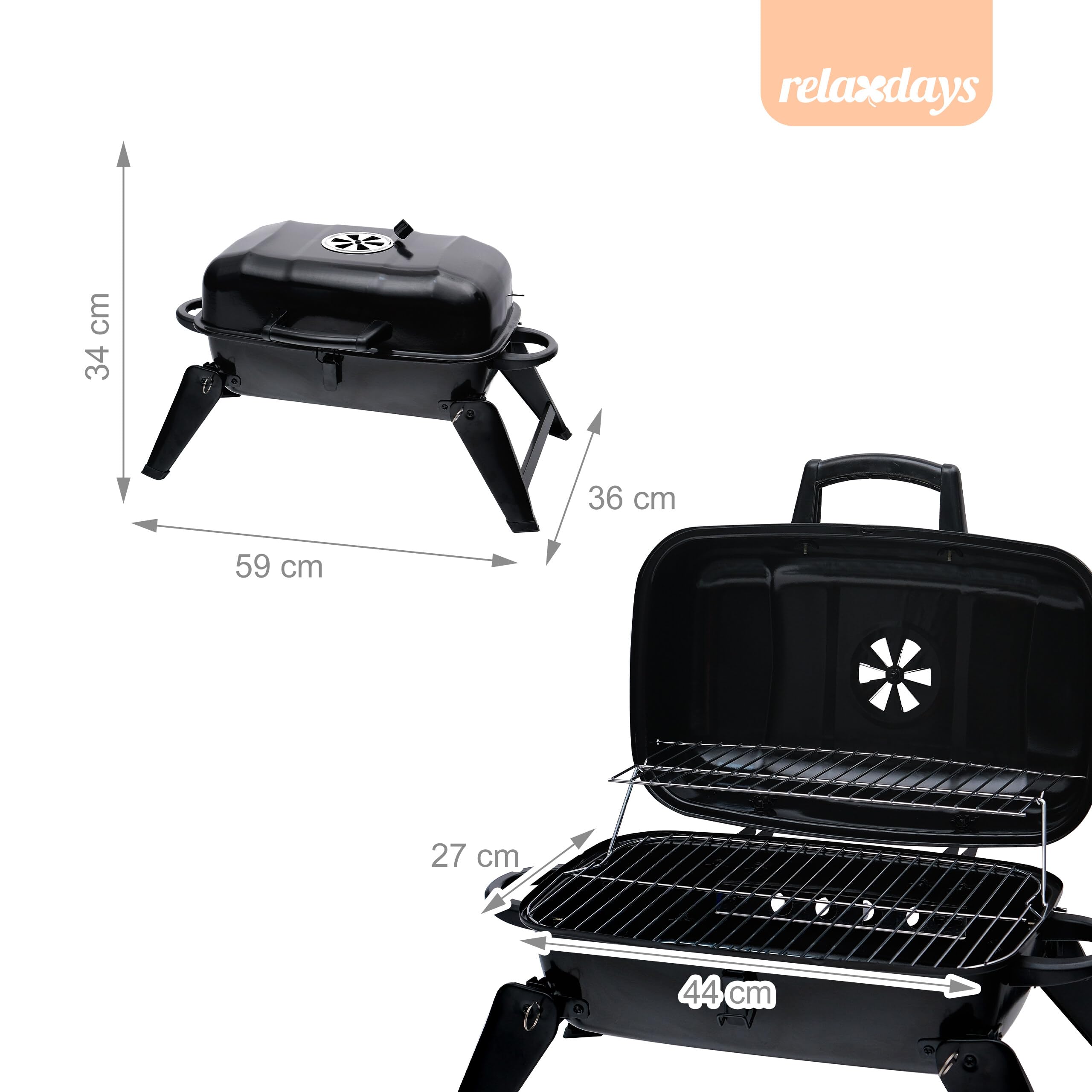 Relaxdays Tischgrill, tragbarer Klappgrill, HBT: 34 x 59 x 36 cm, Warmhalterost, Lüftung, Kohlegrill, Stahl, schwarz
