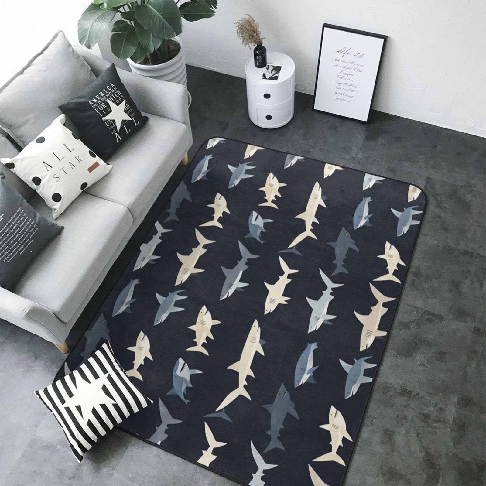 Tapis de salon grand format motif requin coloré lavable et antidérapant 203x147 cm