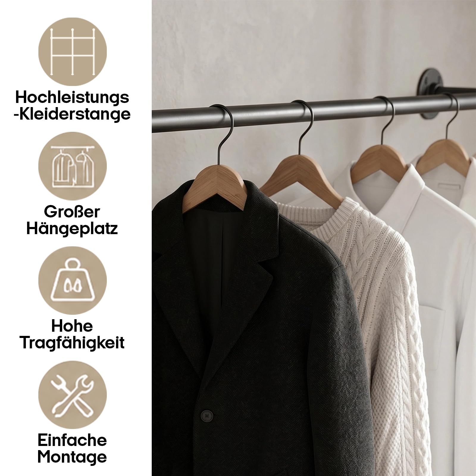 Kleiderstange Wandmontage, Offener Kleiderschrank mit 4 Stangen