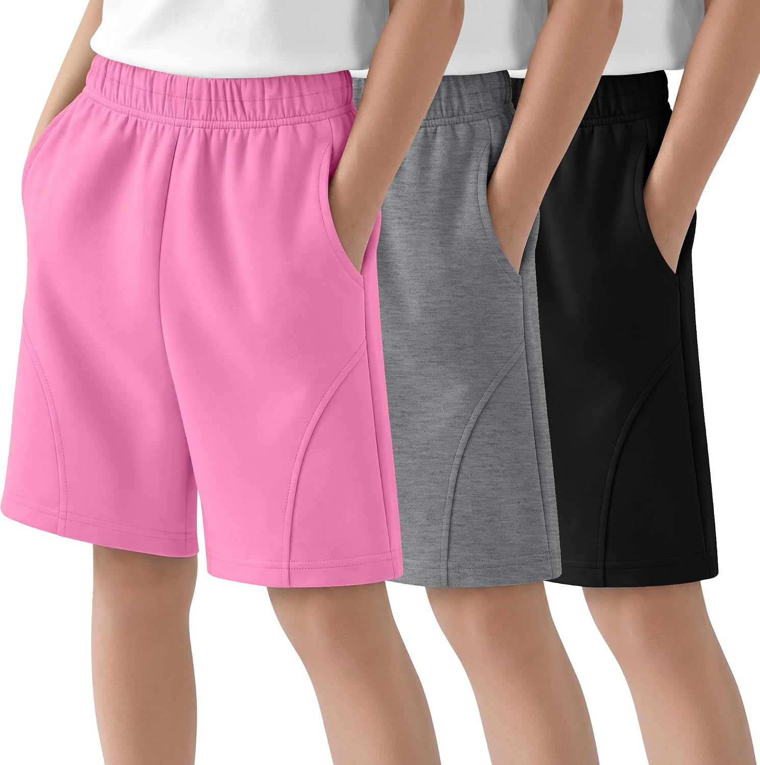 Yooo's Vivi 3 Pack Girls' Bermuda Athletic Shorts | High Waisted, Kids Casual Loose, Knee Length, with Pockets, 5-14 Years