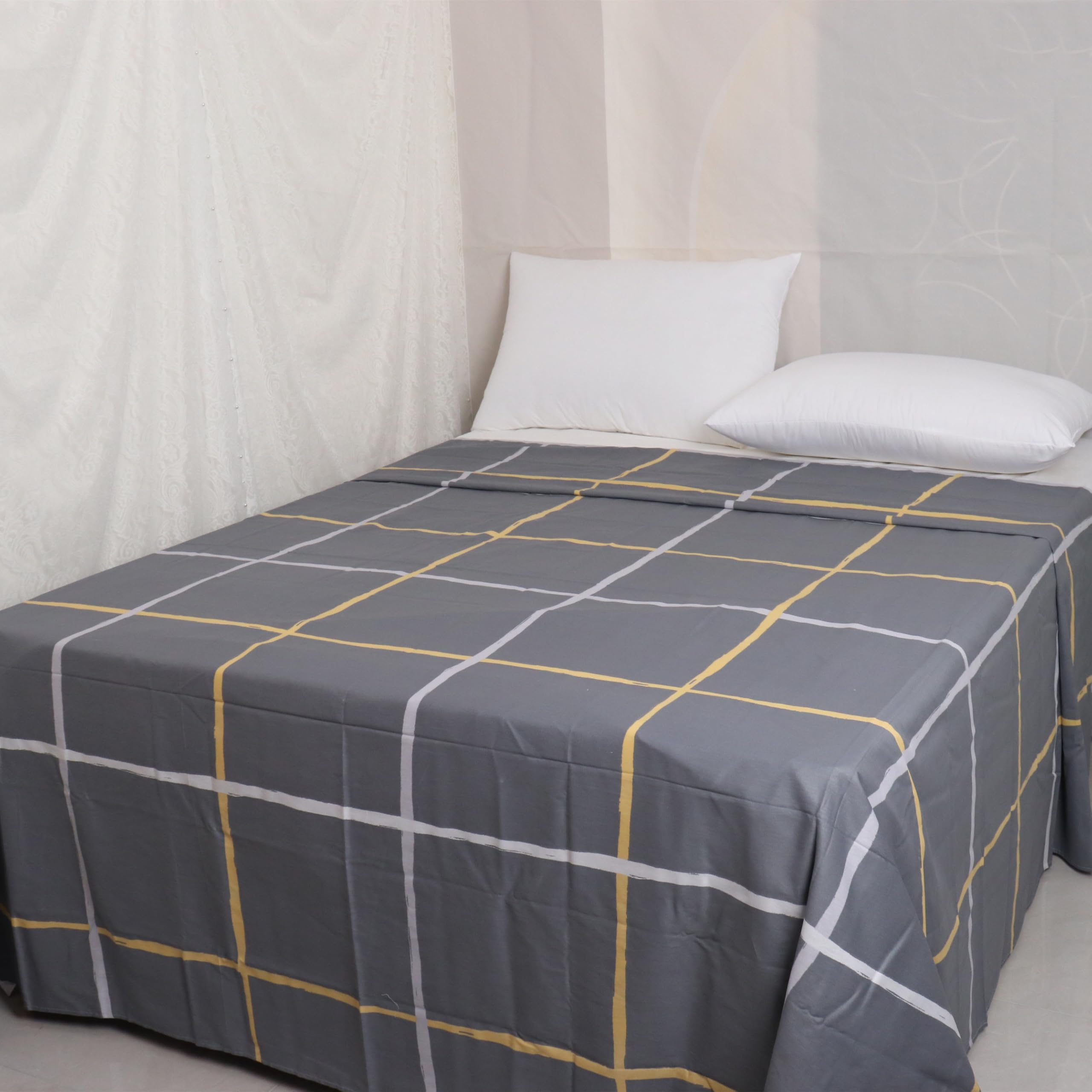 Grey Flat Sheets California King Size 100 Percent Cotton Checked Printed Top Sheets Ultra Soft Bed Sheets Machine Washable