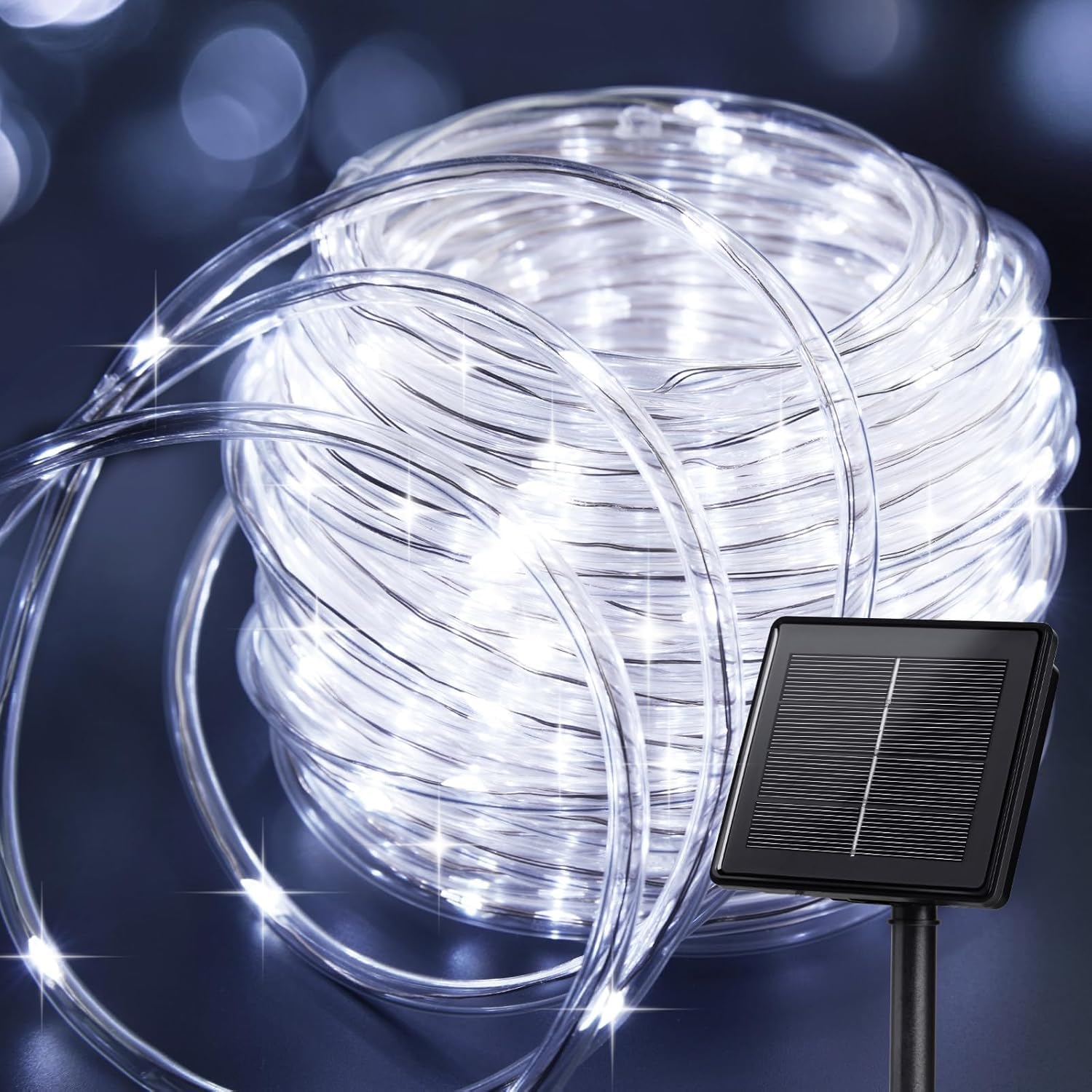 Solar Rope Lights, 7M 50LED Solar Tube String Lights, 8 Modes Waterproof Solar Powered Outdoor and Indoor Light, Flexible Clear Tube Light for Garden Yard Patio Deck Porch Pool Tree Decor - White