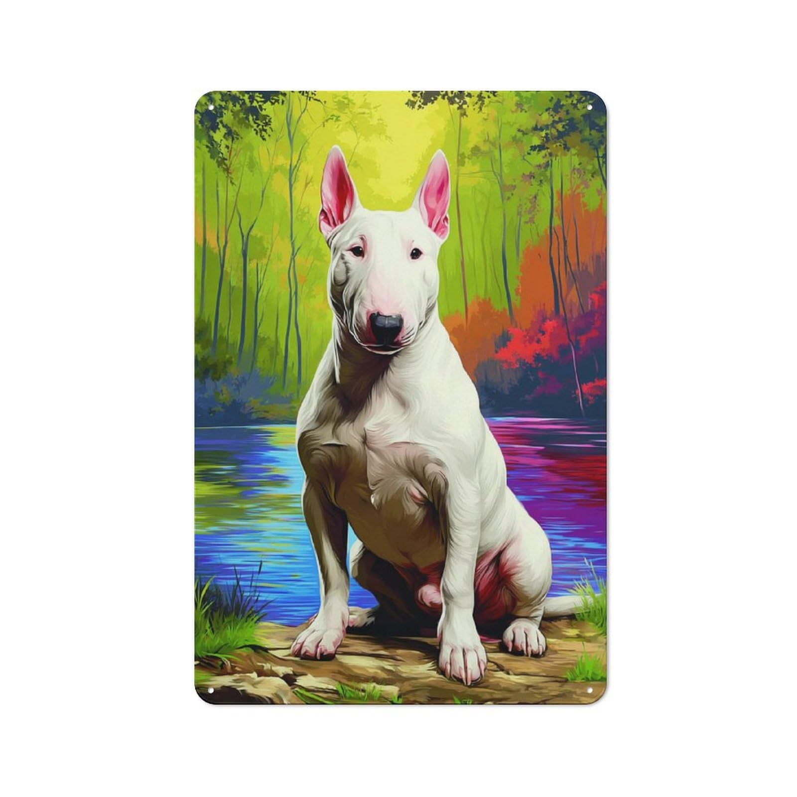 Junmoney Bull Terrier By The Colorful Lake Metal Wall Sign 30X20cm Featuring For Home Bar Wall, New Home Wall Decor For Hosts Who Enjoy Retro Interiors