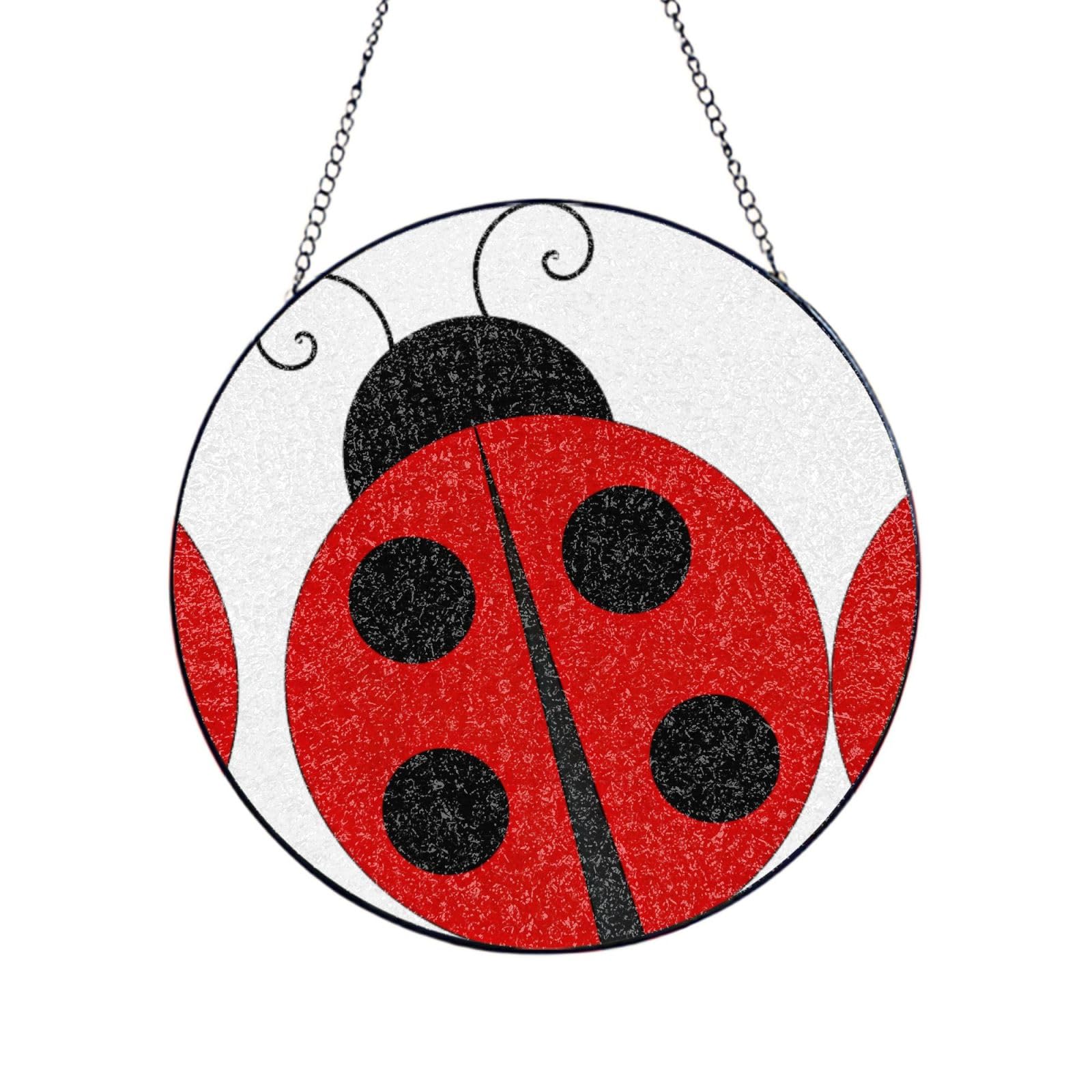Phayah Ladybug Print Glass Window Hanging Round Suncatcher Glass Ornament Garden Wall Fence Decorations Indoor Outdoor 12in（30cm）