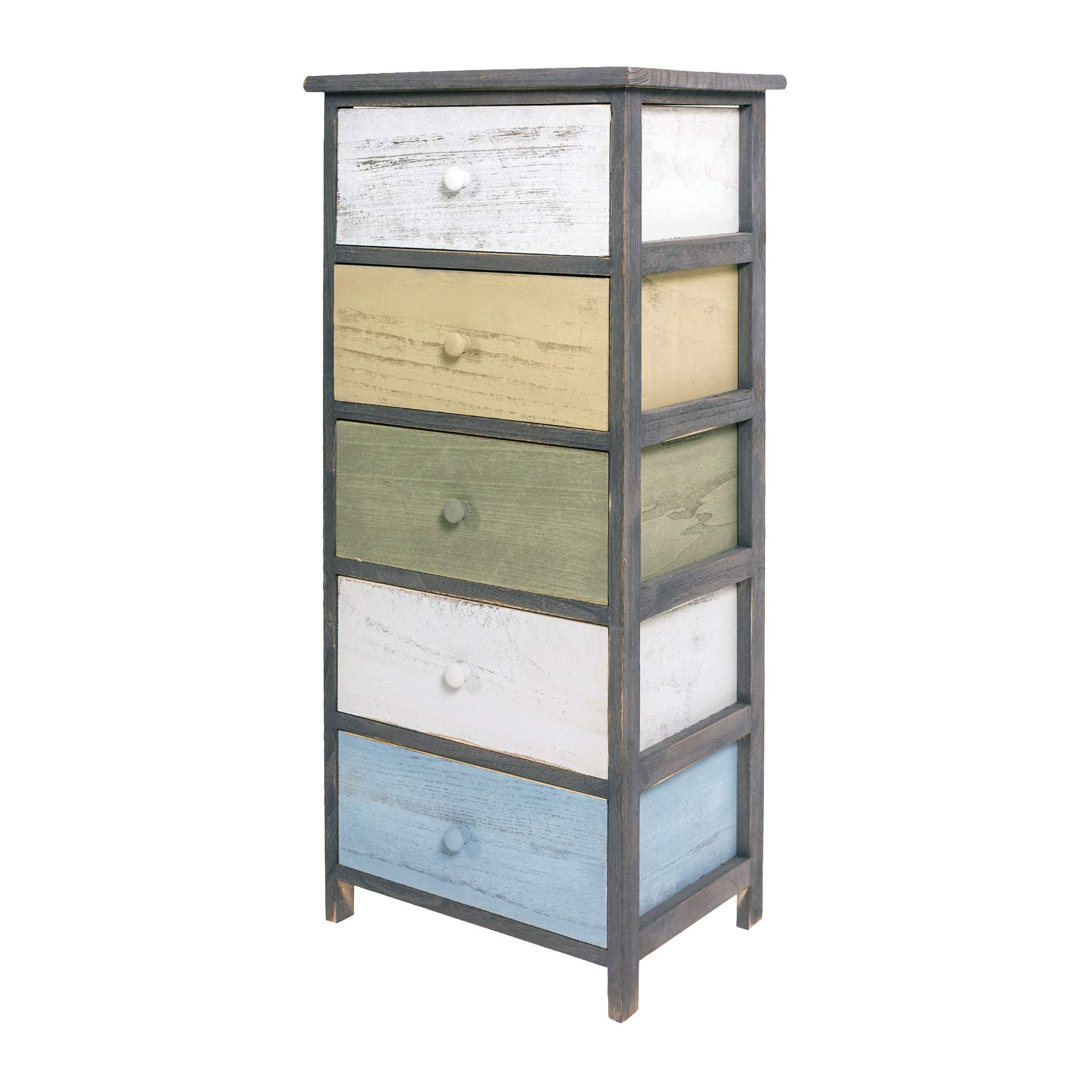 Rebecca Mobili Cassettiera vintage, armadietto 5 cassetti, per camera bagno, legno paulownia, grigio bianco beige azzurro - Misure: 87 x 40 x 29 cm (HxLxP) - Art. RE4885