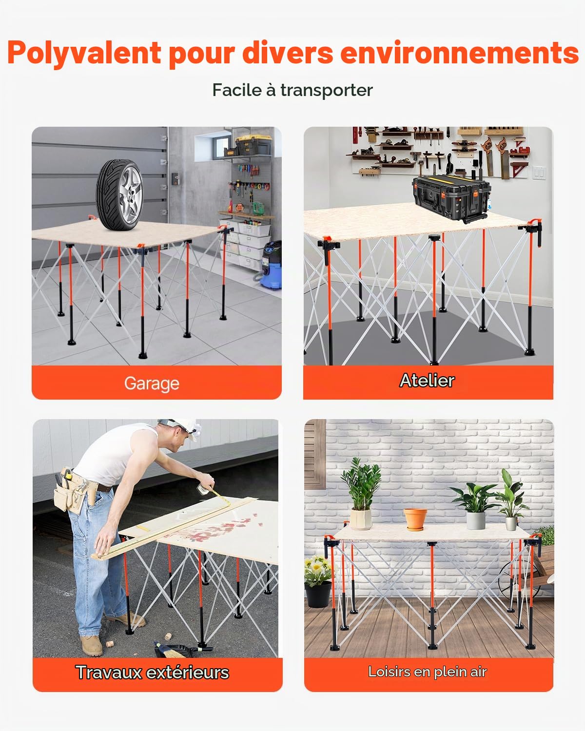 VEVOR Châssis Pliable Établi 126,4x126,4 cm, Support Table de Travail Charge 1589 kg, sans Assemblage, Pied d’Établi Portable avec Sac de Rangement, Plateau de Table Non Inclus, pour Garage Atelier