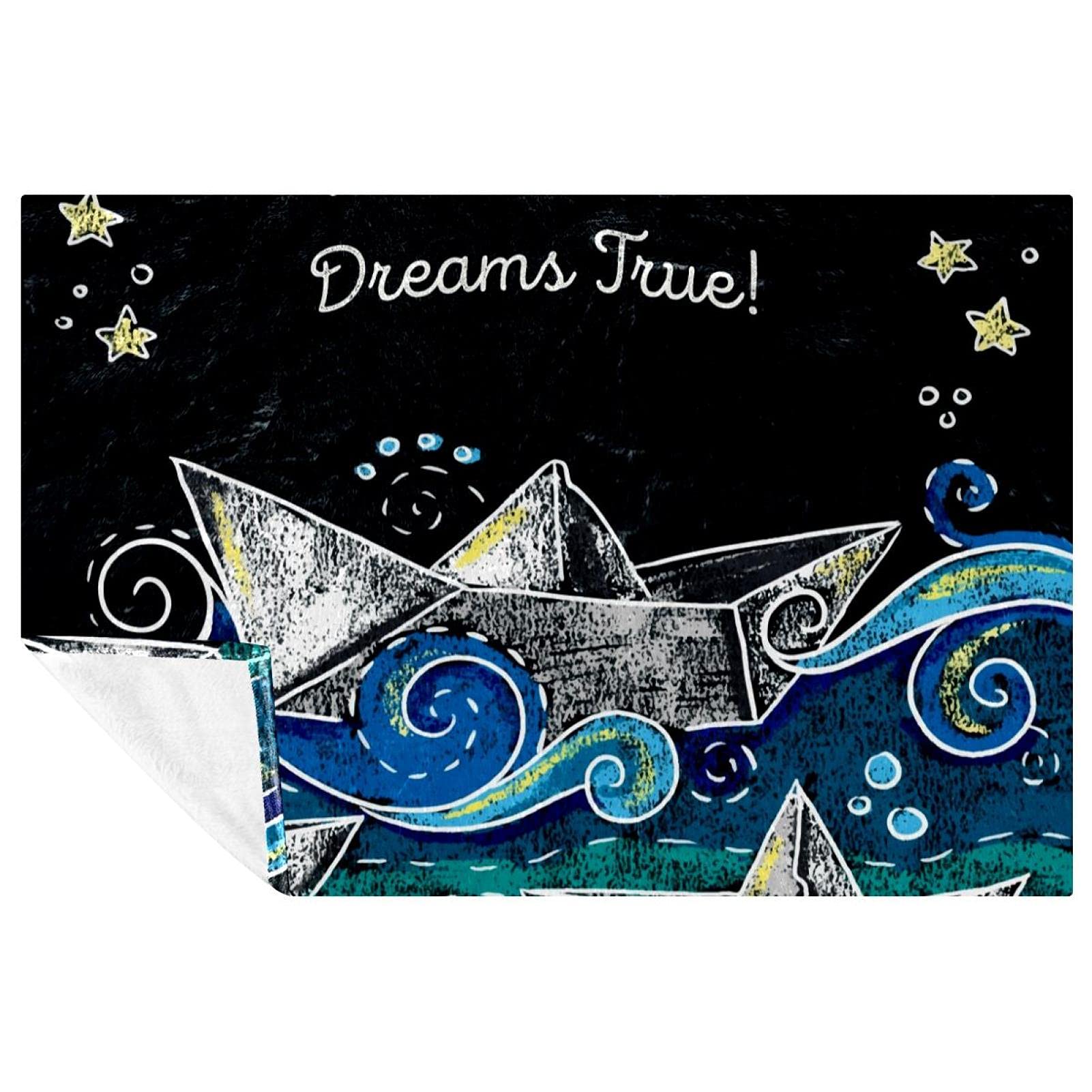 Couverture motif bateau en mer en papier dessiné à la main douce et chaude 150x100 cm
