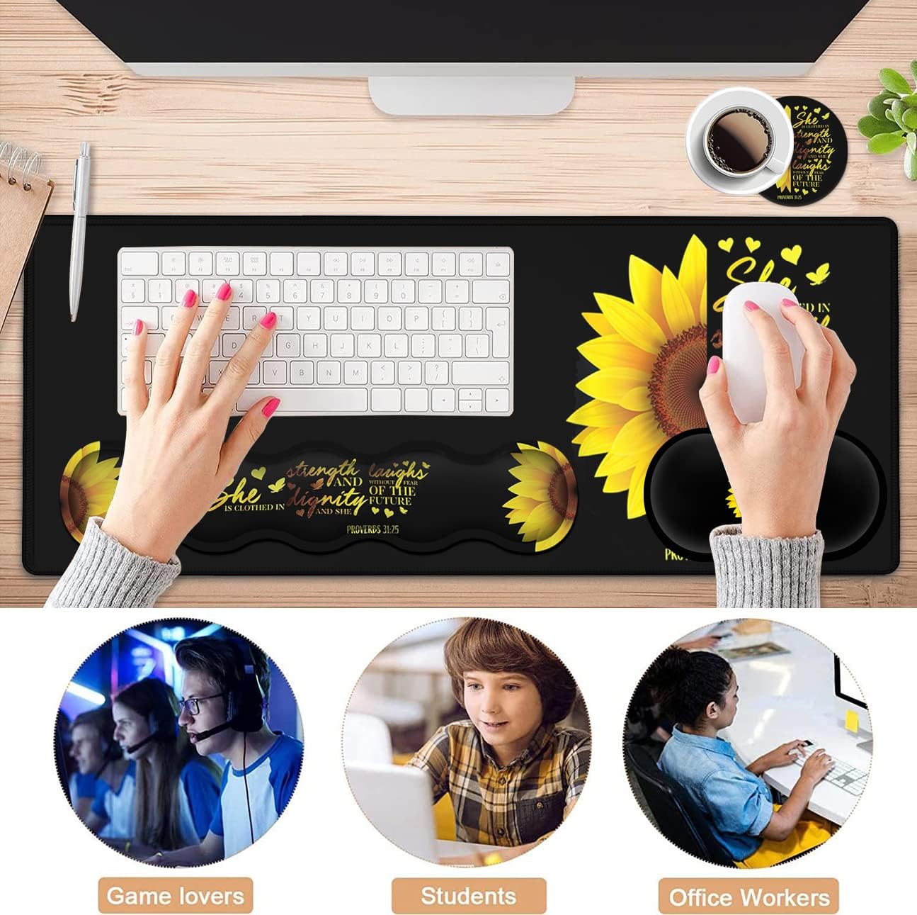 Gaming Black Mouse Pad + Keyboard Wrist Rest XL Large Mouse Mat Sunflower Christian Verse Proverbs 31-25 Extended Desk Pad Non-Slip Rubber Mice Pads Stitched Edges Pad (31.5x11.8 in)
