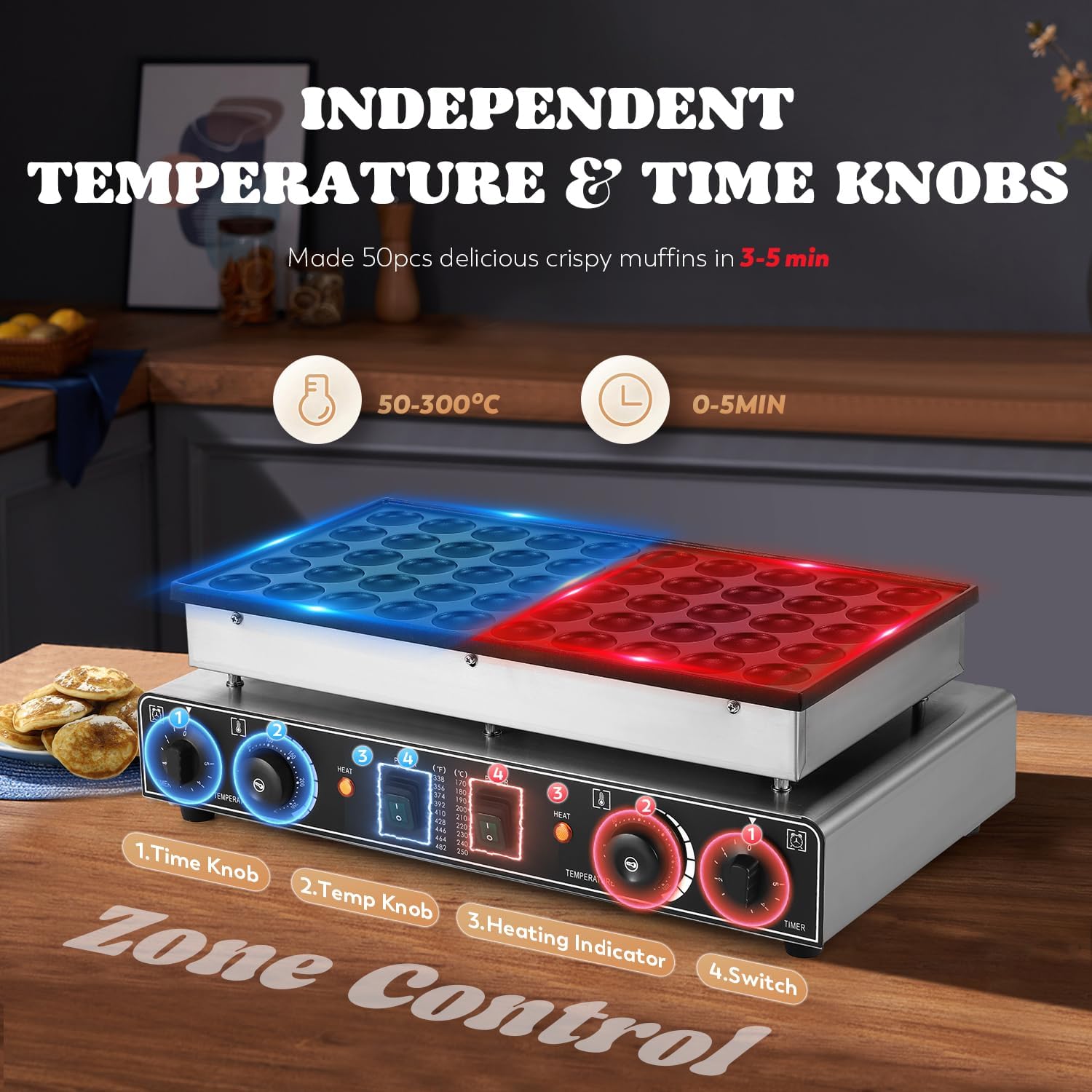 Mini máquina holandesa para hacer panqueques, 50 unidades, máquina antiadherente comercial para panqueques, temperatura de 122.0-572.0 °F y control de tiempo de 0 a 5 años, fabricante 4