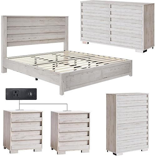 AMERLIFE 5 Pieces Farmhouse Bedroom Sets, King Size Bed Frame with 49" Fluted Headboard, 54" Wide 6 Drawer Dresser, 47“ Tall 5 Drawer Dresser, Nightstand Set of 2 with Charging Station, White