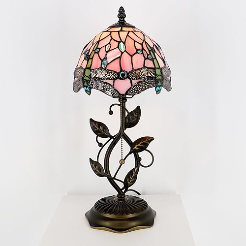 Miniatura 5 de Small Tiffany Lamp Pink Dragonfly Style Stained Glass Table Lamps Desk Bedside Reading Light 8X8X18 Inches with Bronze Metal Leaf Resin Base Pink