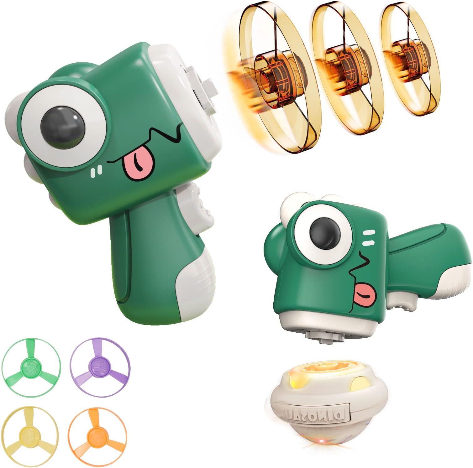 Flying Disc Launcher Toy, Kids Outdoor Flying Saucer Toys, Portal Gun, 4 Flying Discs Gun and 1 Light Up Spinning Tops with Flashing LED Lights for Kids Pets Girls and Boys Birthday Gift Ages 3-12+