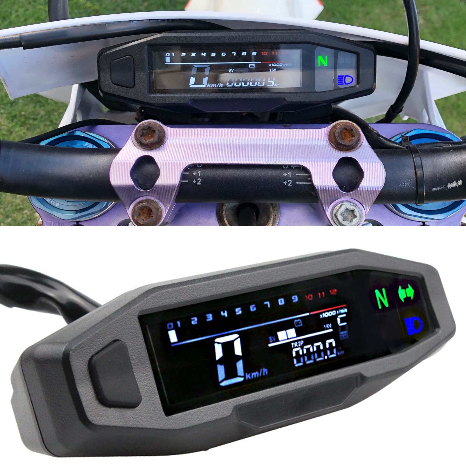Shkalacar Cyfrowy tachometr motocyklowy, obrotomierz z wyświetlaczem LCD 1-6 biegów, kierunkowskaz, podświetlenie, licznik kilometrów i gaźnik do większości modeli motocykli (z kablem)