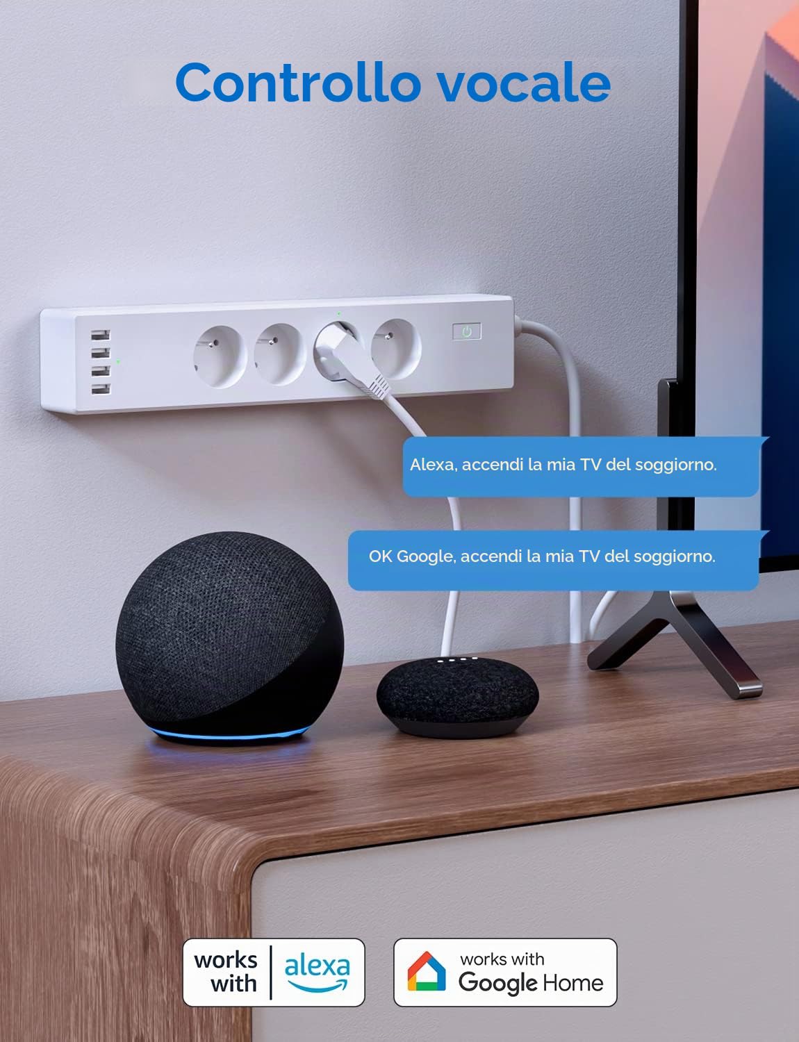 Multipresa collegata (tipo E), 16A WiFi Compatibile con Alexa, Google Home e SmartThings, programmabile (4 prese AC e 4 porte USB) con funzione del tempo e controllo remoto
