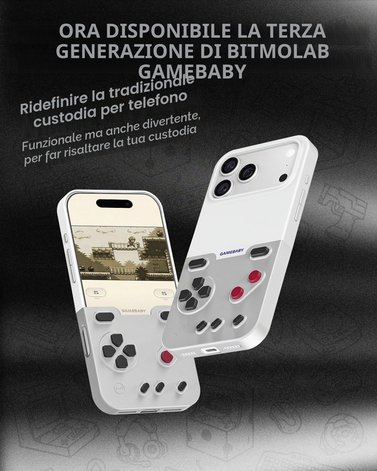 GAMEBABY Cover per iPhone 17 Pro Max, iPhone 17 Pro Max Case Game Controller, Innovativa Custodia per iPhone 17 Pro Max per GBA, GBC, NES Giochi Retrò, Grigio