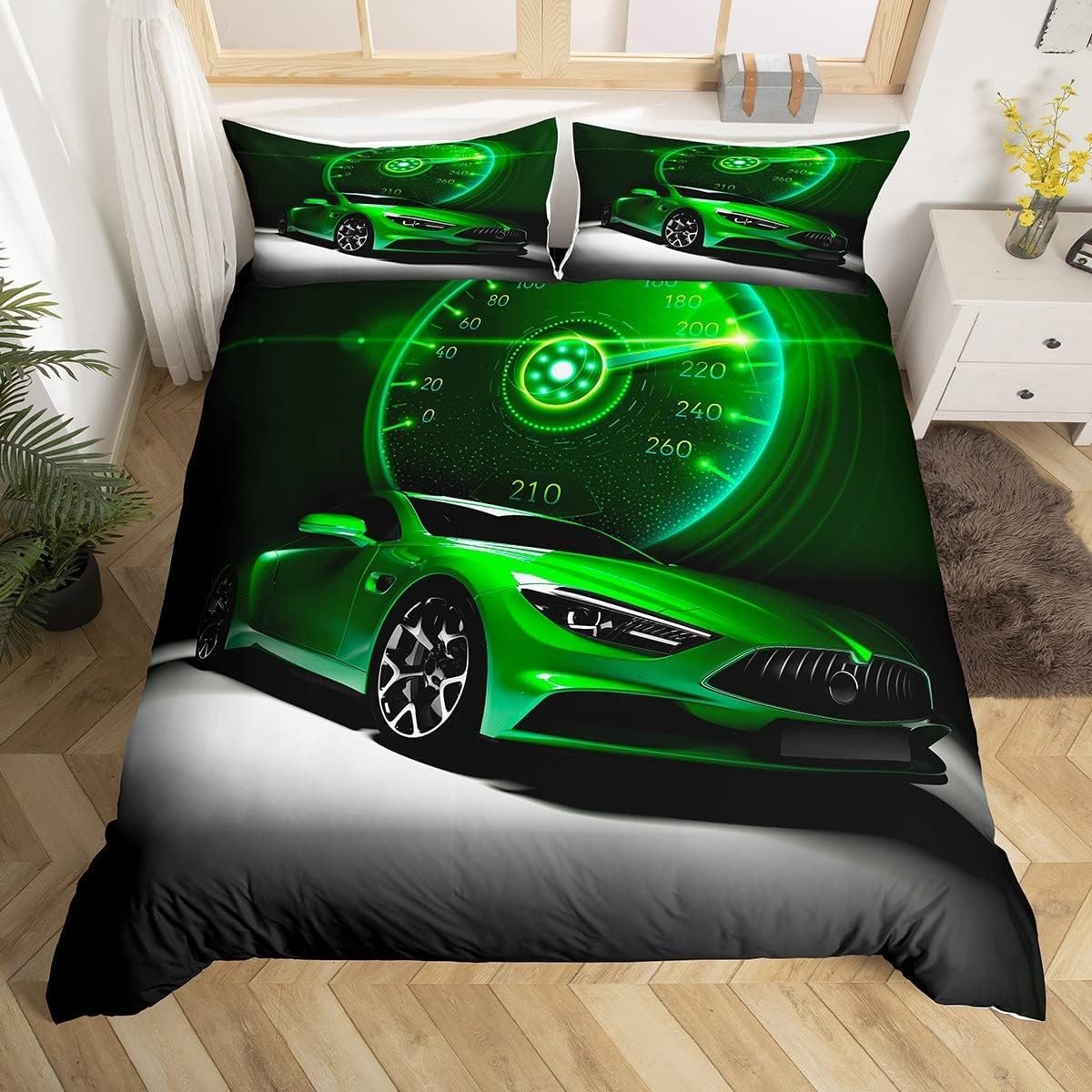 Housse de couette voiture de course verte King Size pour lit enfant et ado