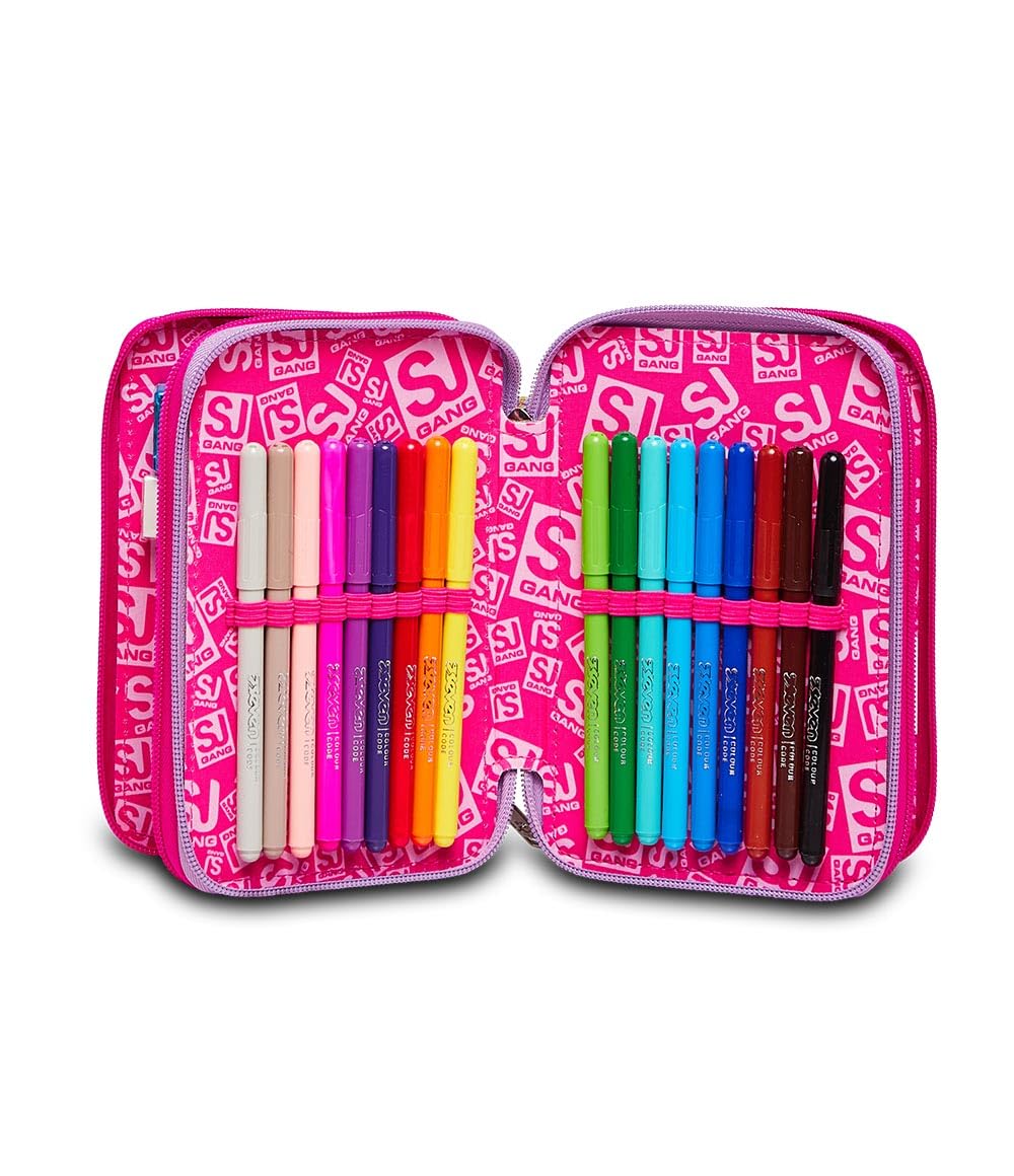 SJ GANG STYLE JAM GANG, Astuccio Scuola 3 Zip, HEART LOLLY, Rosa, Triplo scomparto, 45 pezzi, Attrezzato con Matite, Pennarelli e altro, Portapenne Scuola Bambina