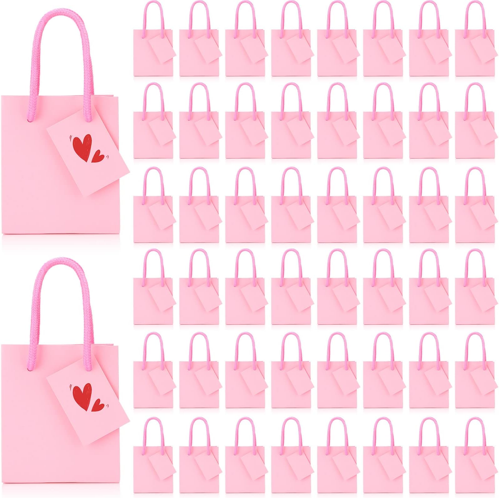 Zhehao 50 Pack Mini Gift Bags, 4x2.75 X4.5 Inches Paper Bags with Gift Tags, Extra Small Paper Gift Bags with Handles for Birthday Gifts, Party Favors, Weddings, Baby Showers (Pink)
