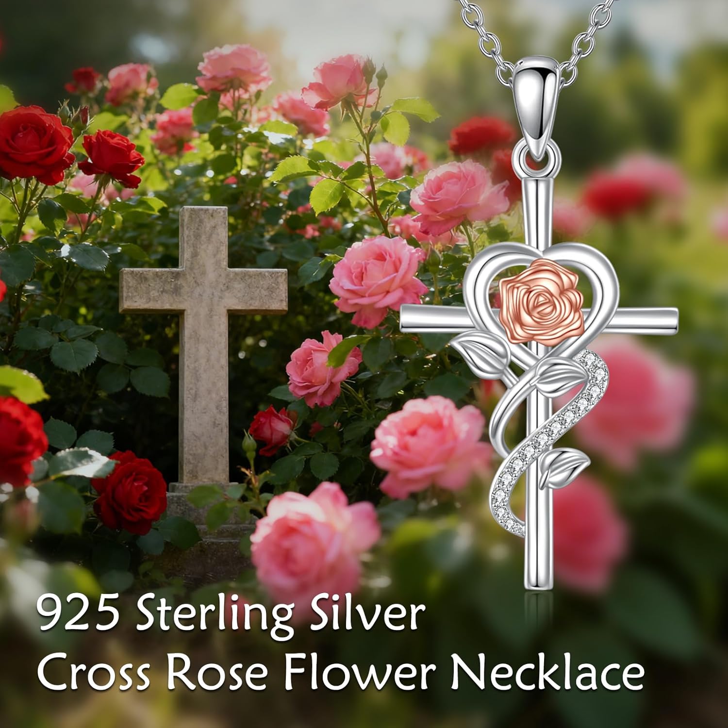 Cross Necklace Sterling Silver Cross Rose Birth Flower Pendant Necklace Jewelry Gifts for Women - Image 6