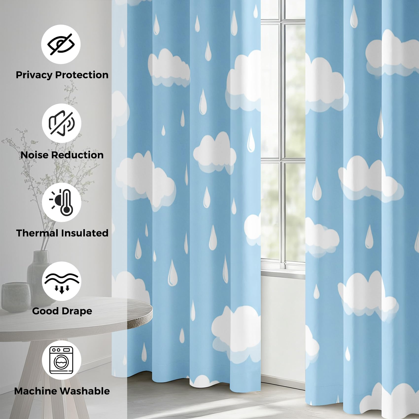 Générique Rideau Occultant Nuage, Decoration Chambre Salon, Rideaux Imprimé Motif Goutte Bleu Ciel, Lot de 2 Rideaux Thermiques à Oeillets, 75x166 cm (LxH)