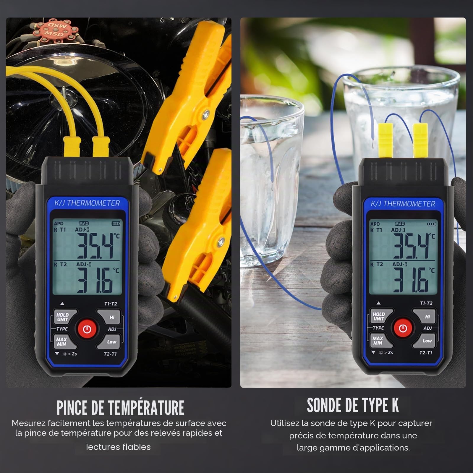 Thermomètre thermocouple numérique à double canal de type K/J avec sondes thermocouple de type 2 K et 2 pinces de température, plage de -328 ~ 1 500 °C, compteur de température HVAC industriel avec