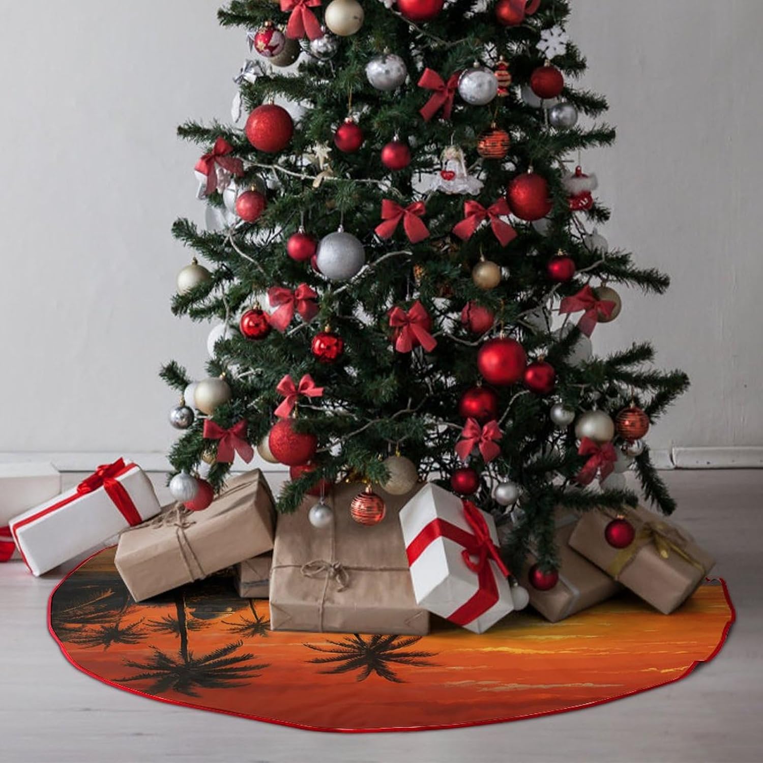 Christmas Tree SkirtPalm Tree Sun Landscapeclassic Fashion Tree Skirt Painted Multifunctional Christmas Tree Skirt