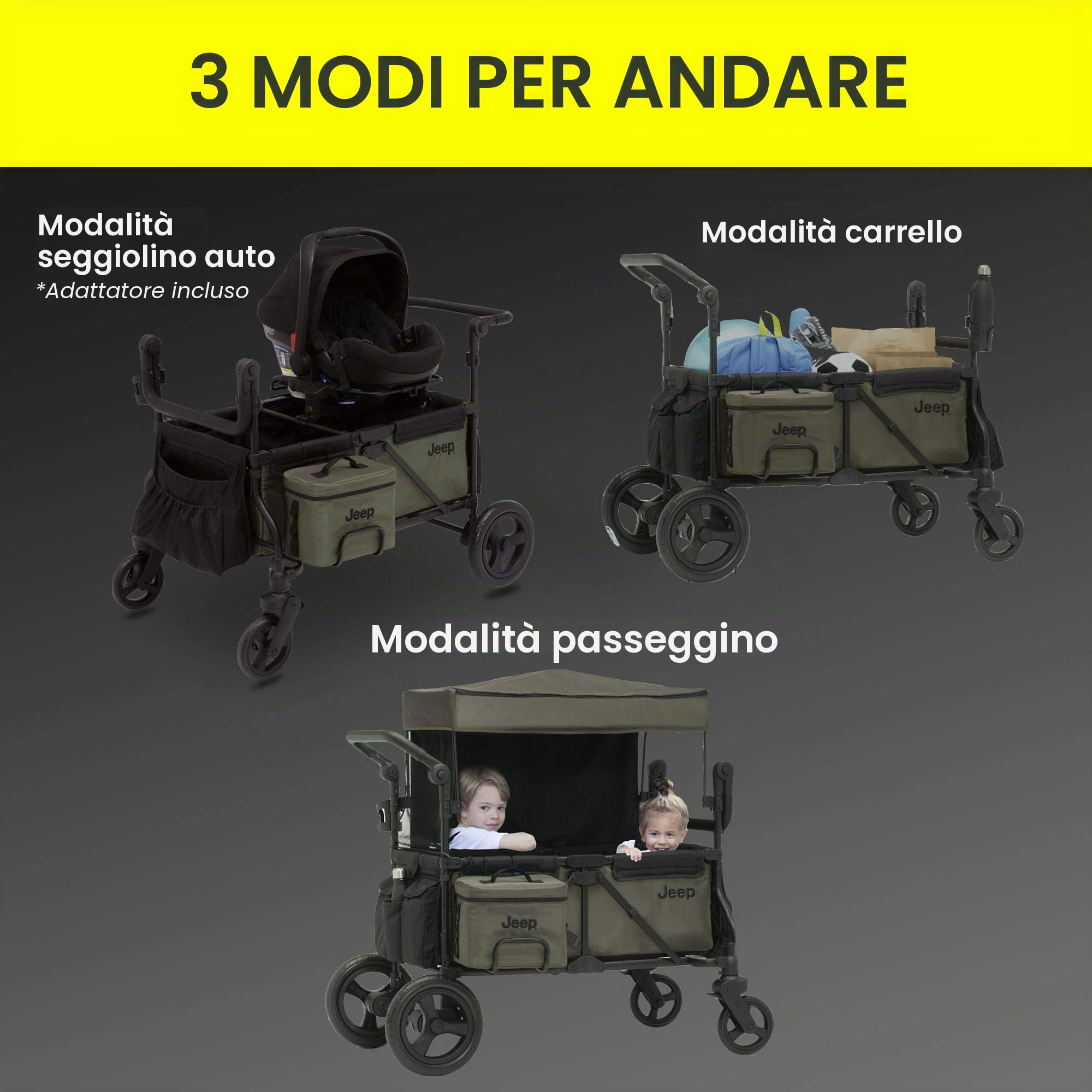 Delta Children Passeggino Jeep Deluxe Wrangler – include borsa frigo, organizer genitore e adattatore per seggiolino auto, nero/verde