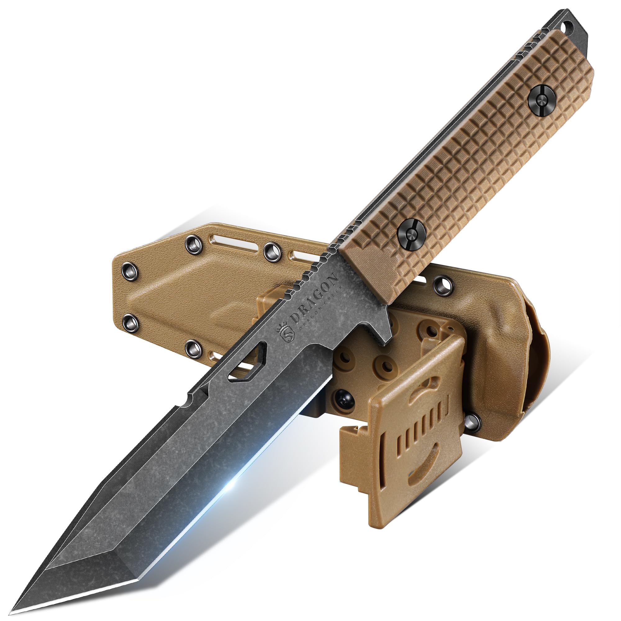 Dragon Creek Tactical Knife Kydex - Outdoor Survival Knife with Sheath D2 Steel Blade G10 Full Tang Handle for Camping Hiking Gift Men Brown