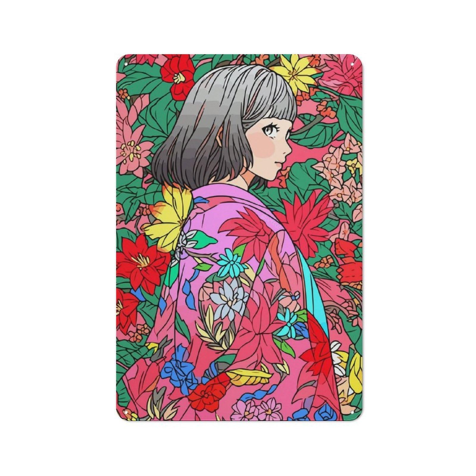 Junmoney Girls Kawaii Kimono Anime Metal Sign 30X20cm With For Workshop Wall, Rustic Decor, For Garage, Workshop And Man Cave Decoration
