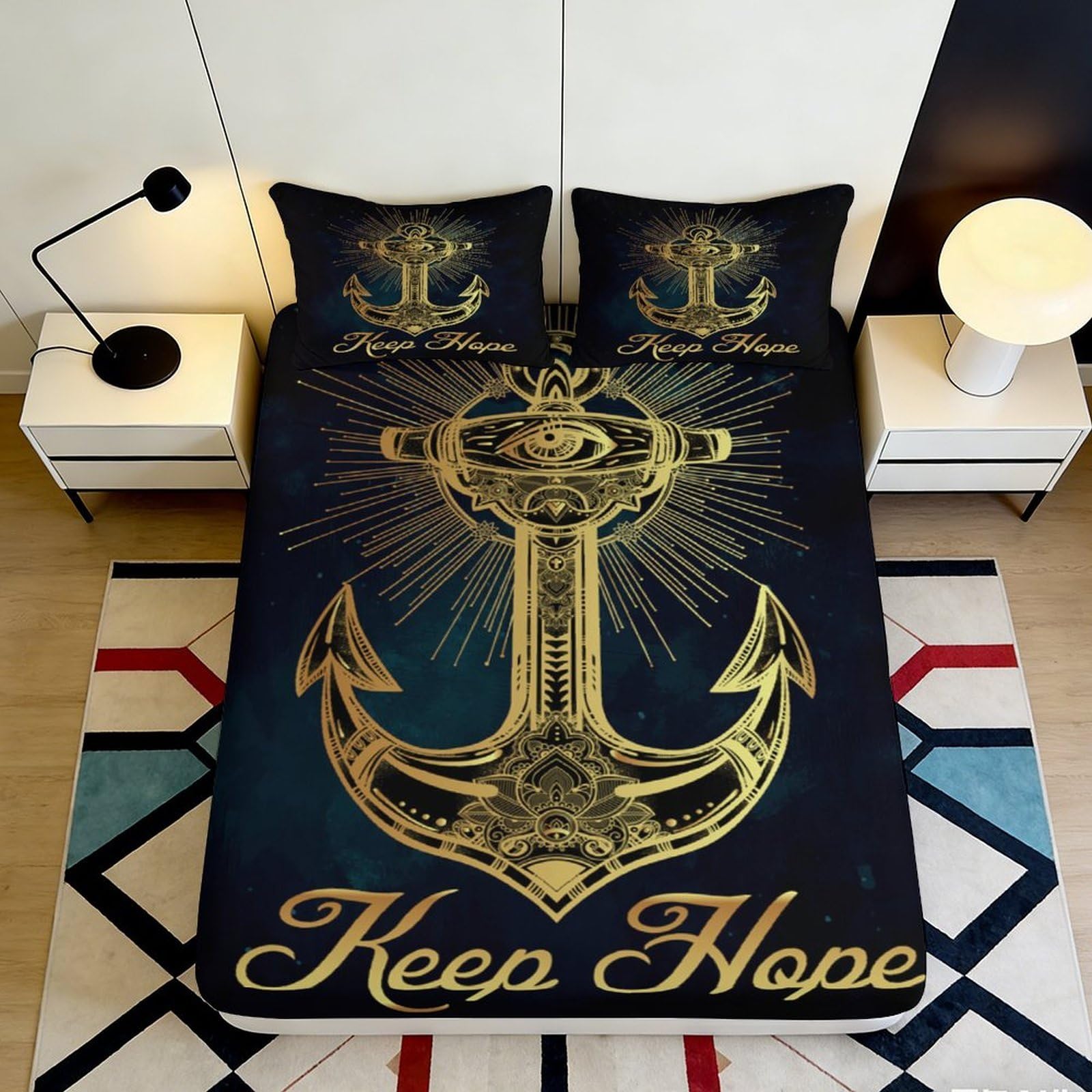 3D Printed Nautical Anchor Fitted Sheet Microfiber Deep Pocket Non-Slip Bedroom Set Anchor Mattress Fitted Cover Washable 120x200x25cm