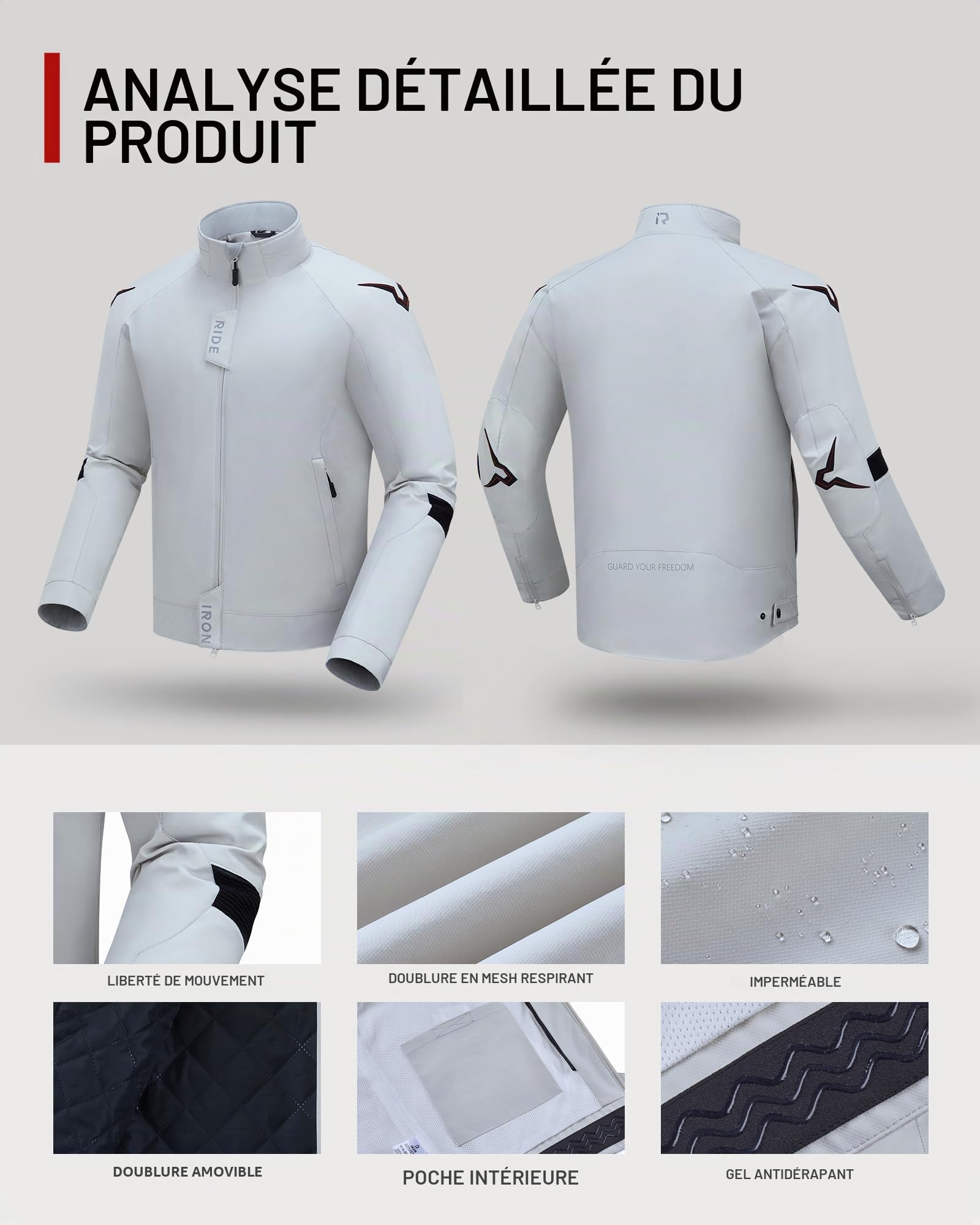 RIDEIRON Blouson Moto Homme 4 Saisons – Veste Moto Textile Respirante et Coupe-Vent avec Protections CE aux Épaules et Coudes, Doublure Amovible, Confortable pour Route et Touring M-XXL