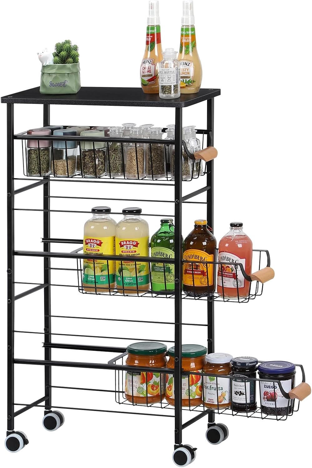 Tuenort Slim Rolling Cart, 4 Tier Kitchen Storage Cart on Wheels, Narrow Cart for Kitchen, Bathroom, Laundry Room, Narrow Spaces(Black)