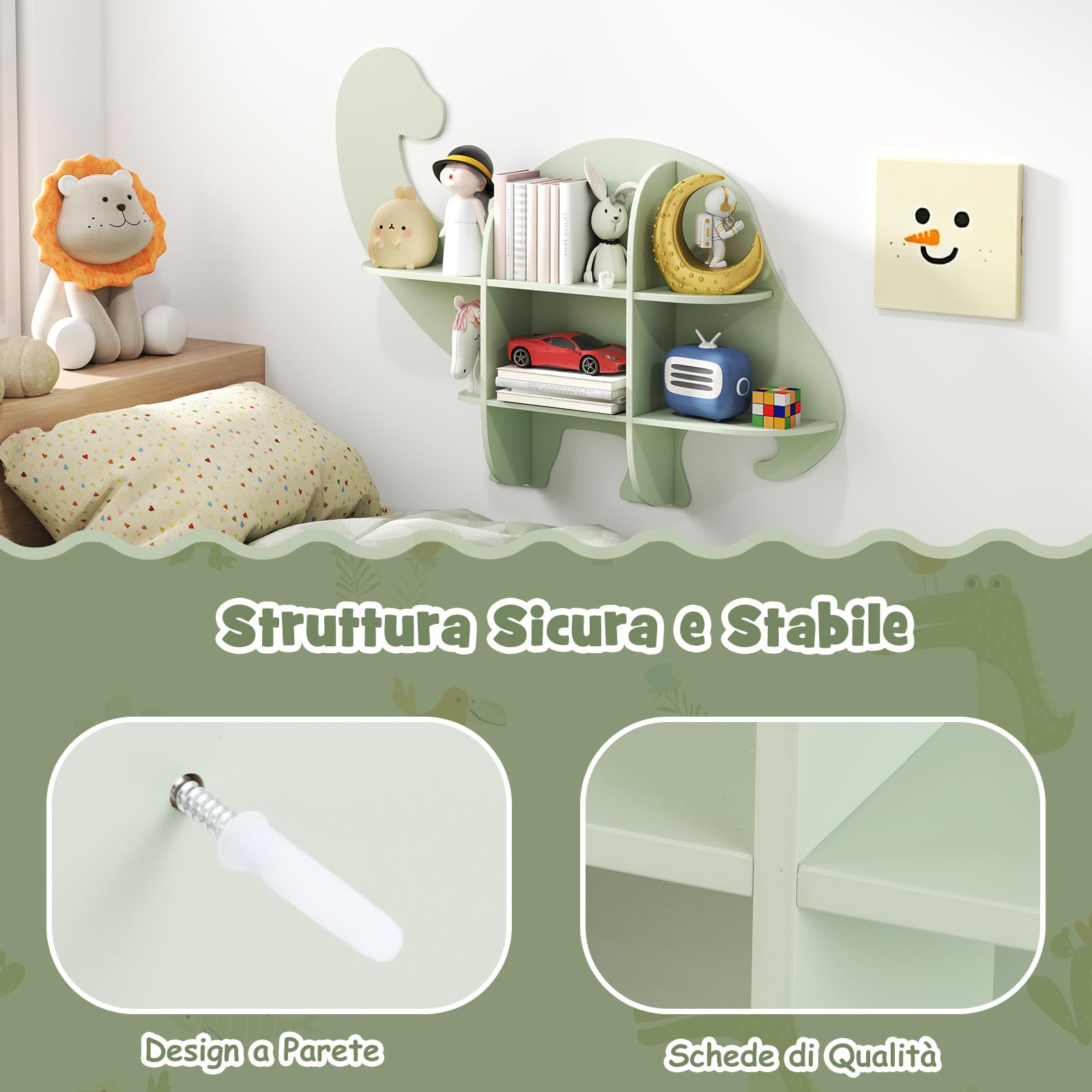 COSTWAY Libreria da Parete per Bambini a Forma di Dinosauro, Mensola a 2 Ripiani in Legno da Appendere, Scaffale da Parete per Camera dei Bambini Camera da Gioco Asilo, 105,5x16x78,5 cm