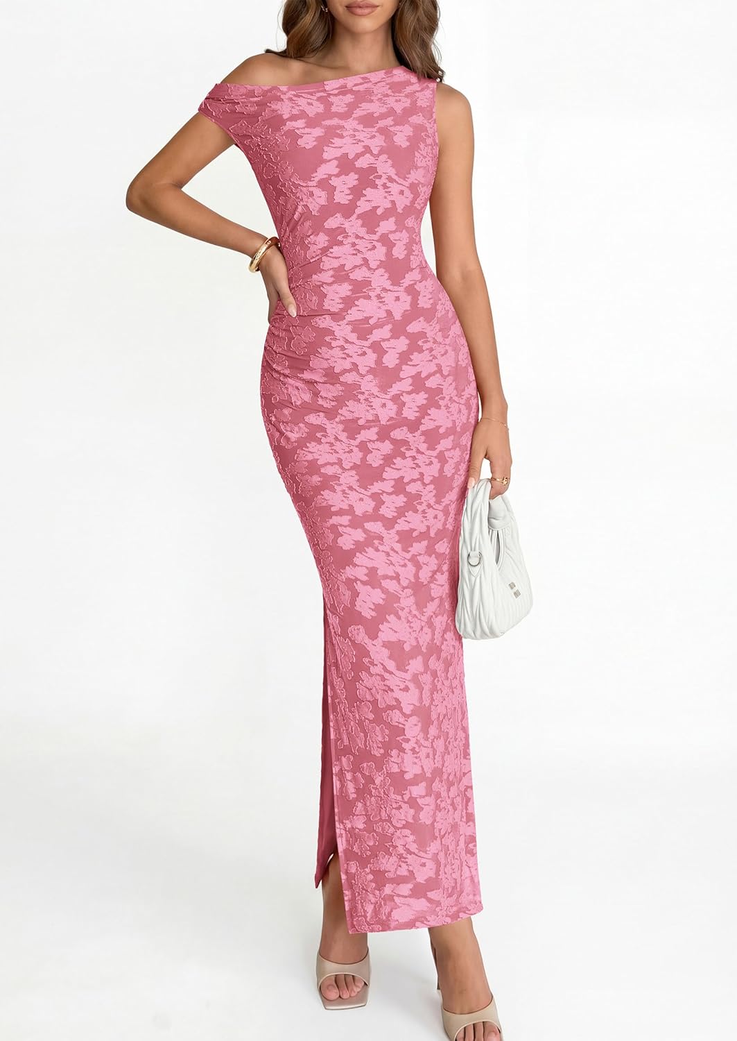 PRETTYGARDEN Womens Floral One Shoulder Maxi Dress 2026 Summer Spring Bodycon Ruched Side Slit Elegant Cocktail Party Dresses