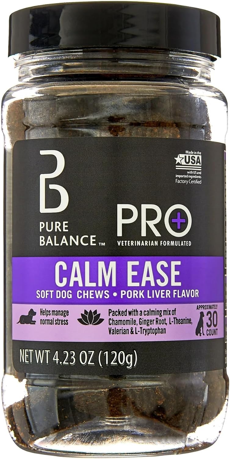 Pure Balance Pro+ Calming Supplement for Dogs, Veterinarian Formulated Soft Chews with Chamomile, Valerian Root, L-Tryptophan, Ginger Root, and FlavoCol – Stress & Anxiety Relief (8.26 oz)