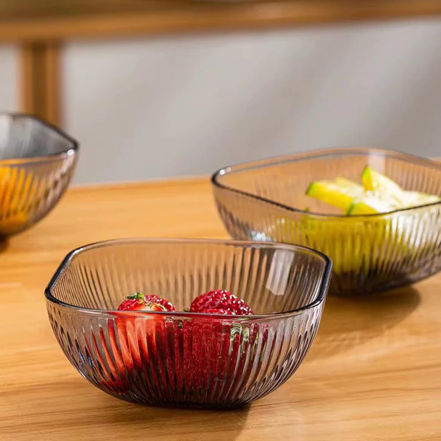 2-Pack Smoky Gray Ribbed Glass Bowls, 4.7-Inch Crystal Fruit Bowls