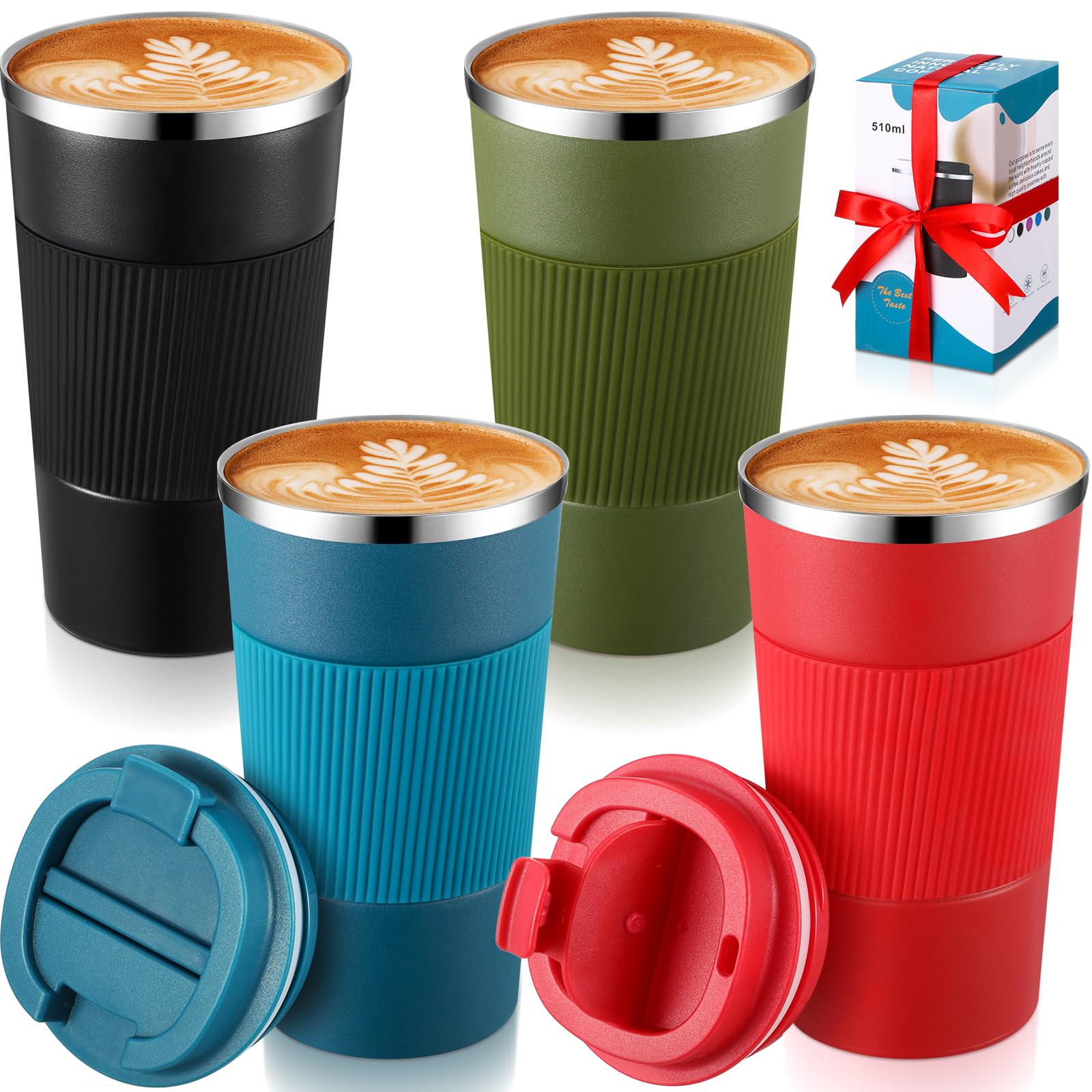 Sabary Reisebecher aus Edelstahl, vakuumisoliert, doppelwandig, Thermo-Kaffeetasse mit Deckel, für Wintergetränke, Weihnachten, Mitarbeitergeschenk, 4 Stück