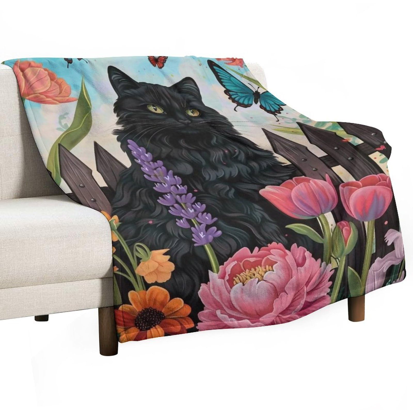 YHGSREUOH Always-Stay-Humble-&-Kind-Black-Cat-Butterfly-Cottage-Garden_01 Flannel Blankets Fleece Soft Throw Lightweight Plush Gifts for Couch, Bed, Cozy Sofa Plush, Chair, Lovers 138x175cm(55x70in)