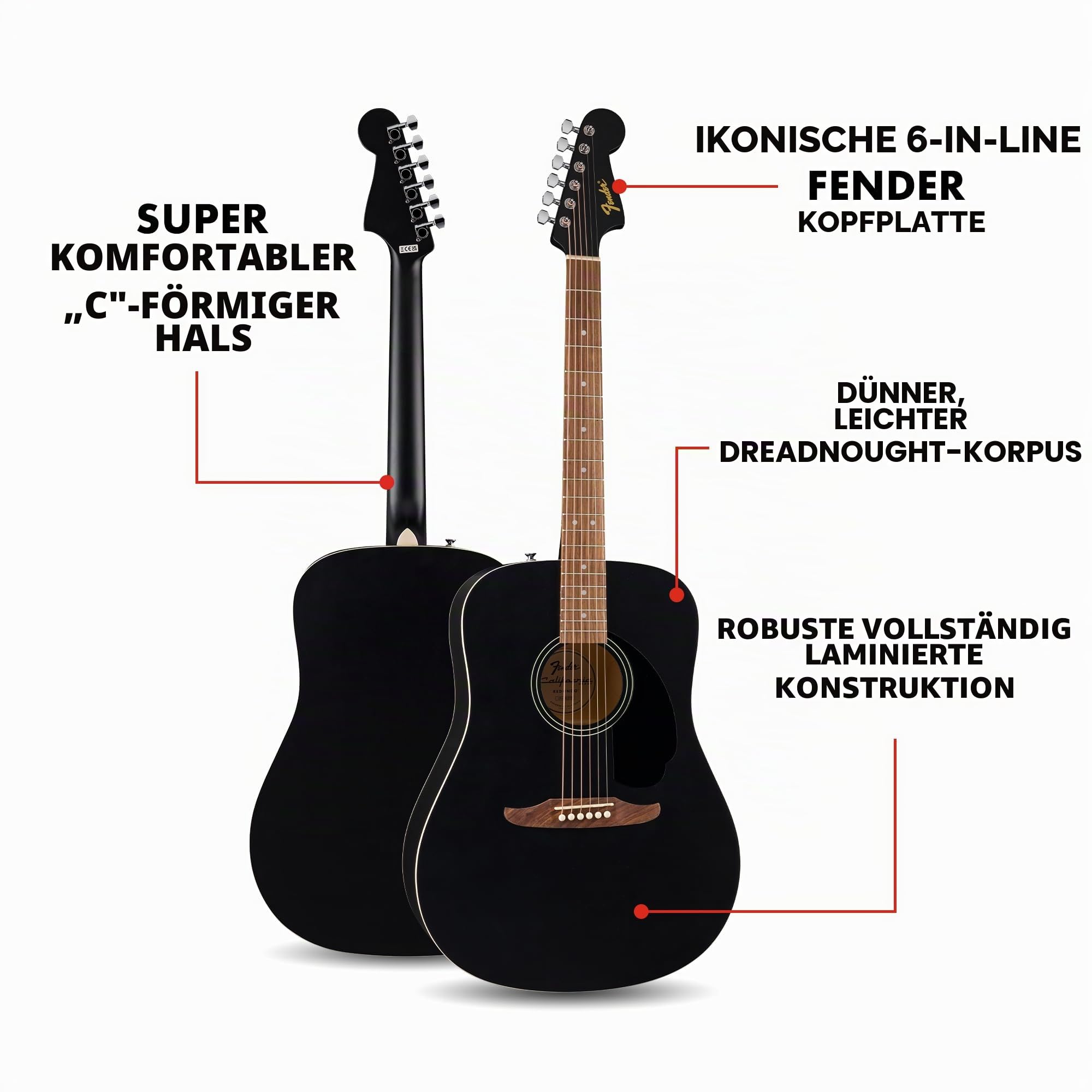 Fender California Debut Redondo Dreadnought Akustikgitarre, Fichtendecke, Schwarz