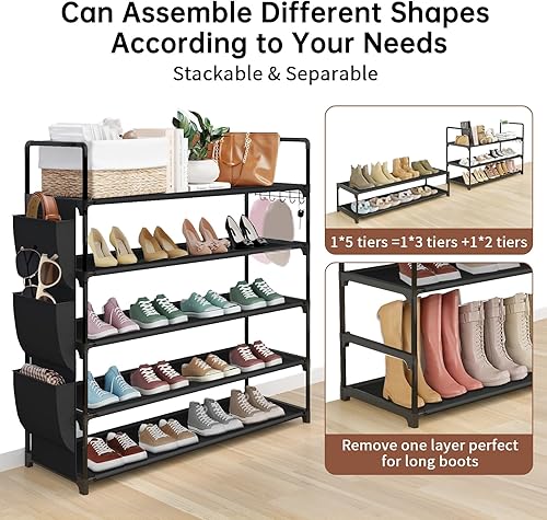 Miniatura 5 de Zapatero independiente de 5 niveles, organizador de zapatos que ahorra espacio con bolsillos laterales y ganchos de metal, zapatero ajustable para