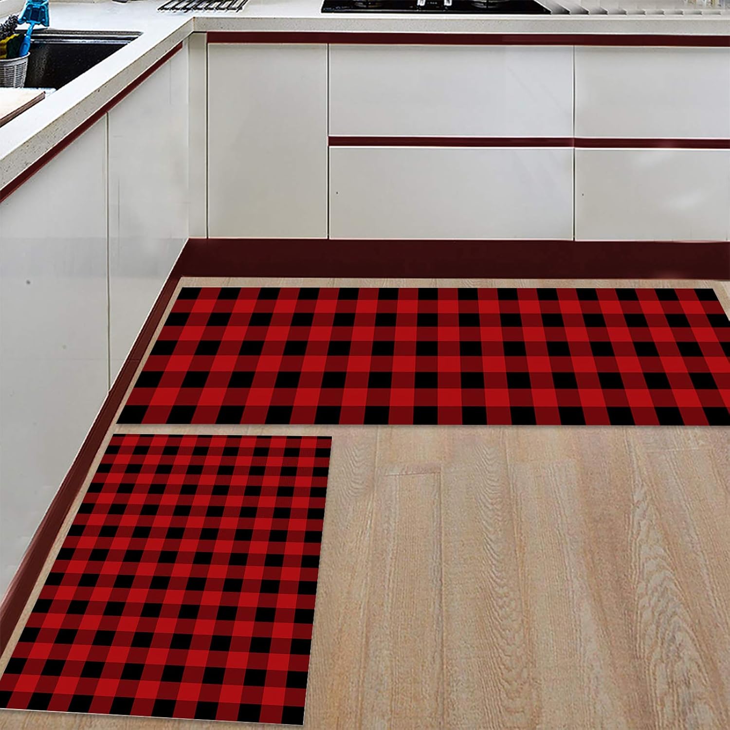 Z&L Home Classic Lattice Kitchen Rug Sets 2 Piece Floor Mat Non-Slip Rubber Backing Area Runners Door Mats, Retro Black Red Buffalo Plaid Indoor Washable Carpet